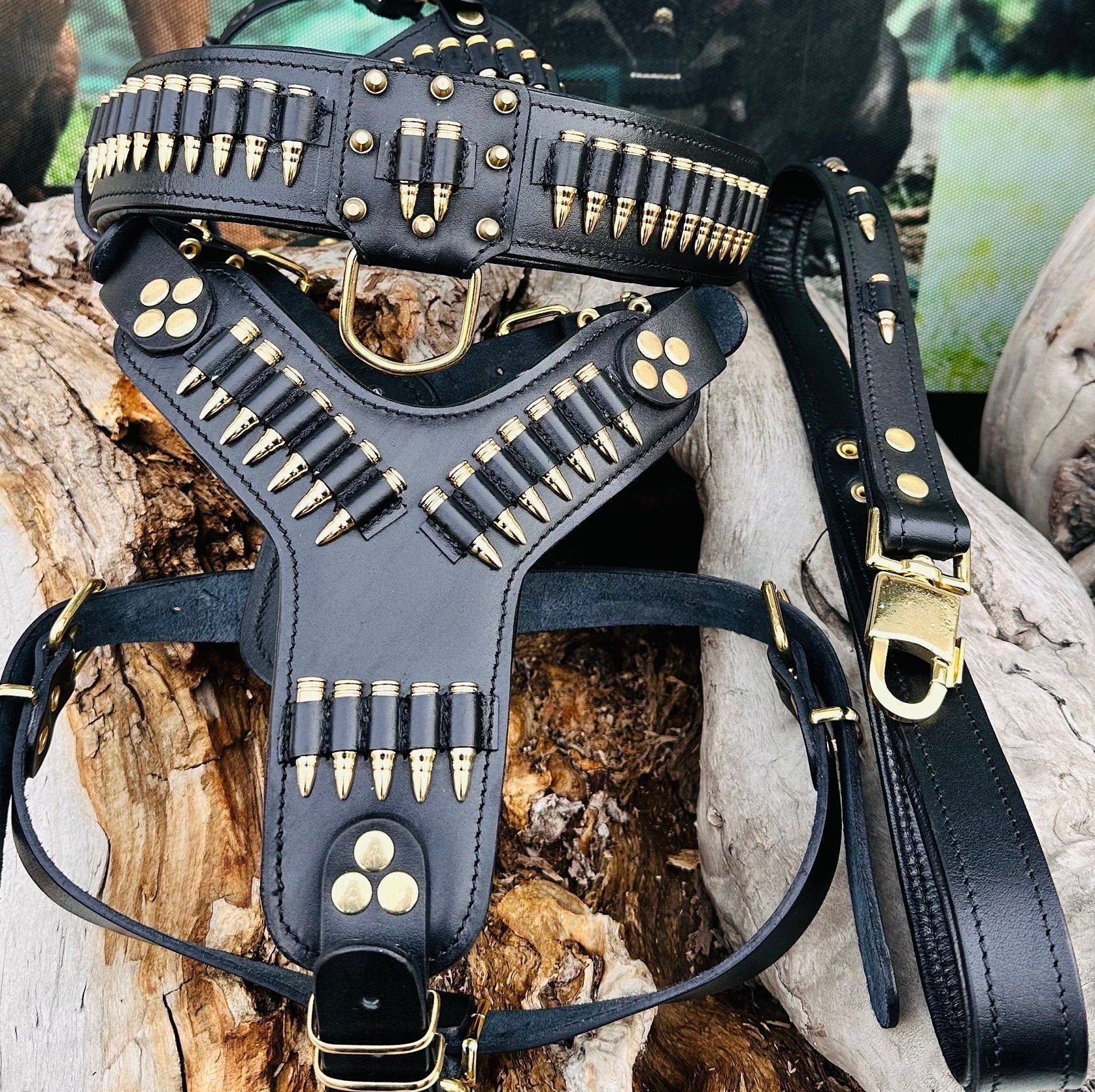 Handmade Buffalo Leather Dog Collar Set: Engraved Nameplate, Large Breeds - A&C Dog Collars