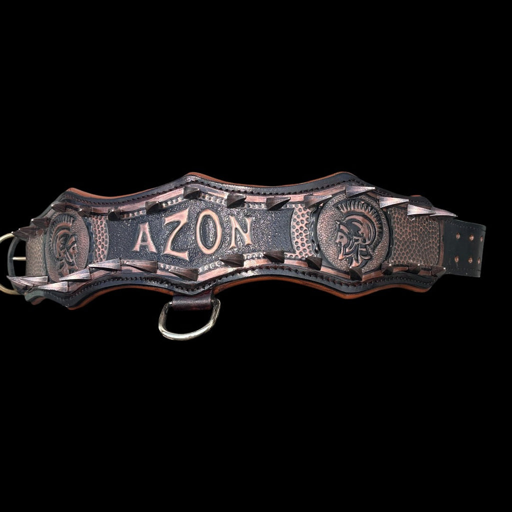 Handmade copper dog collar and harness set from A&C Dog Collars, featuring adjustable straps and durable craftsmanship.