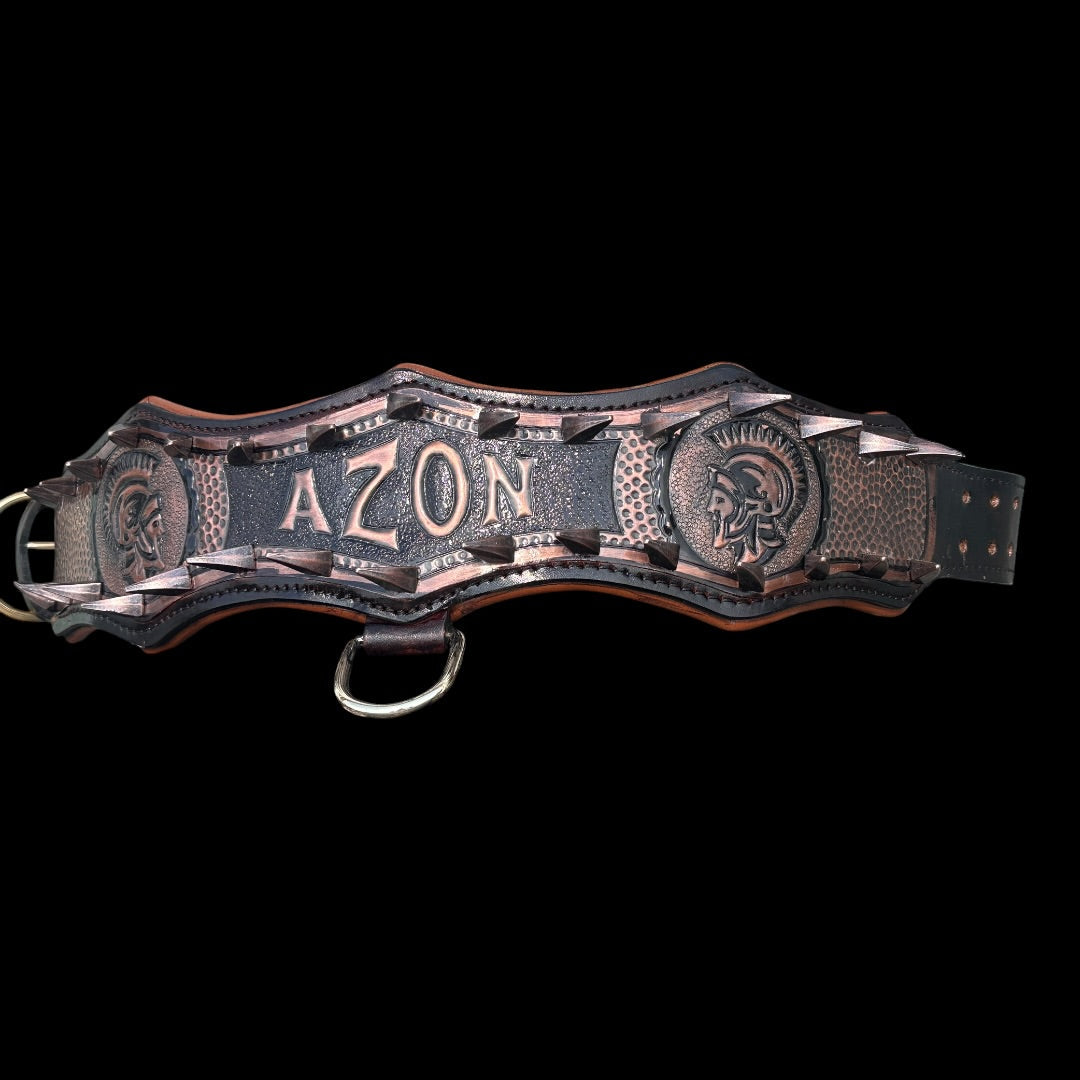 Handmade copper dog collar and harness set from A&C Dog Collars, featuring adjustable straps and durable craftsmanship.