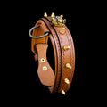 4cm handmade brown leather dog collar with gold bully head emblem and brass spikes – durable collar for Cane Corso, Rottweiler, Doberman, Kangal, Malinois, K9, American Bully