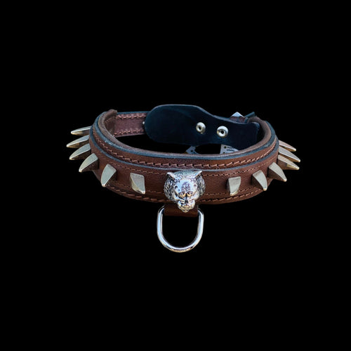 4cm handmade leather dog collar with lion head emblem and ivory gold spikes – strong collar for Cane Corso, Rottweiler, Doberman, Kangal, Malinois, K9, American Bully