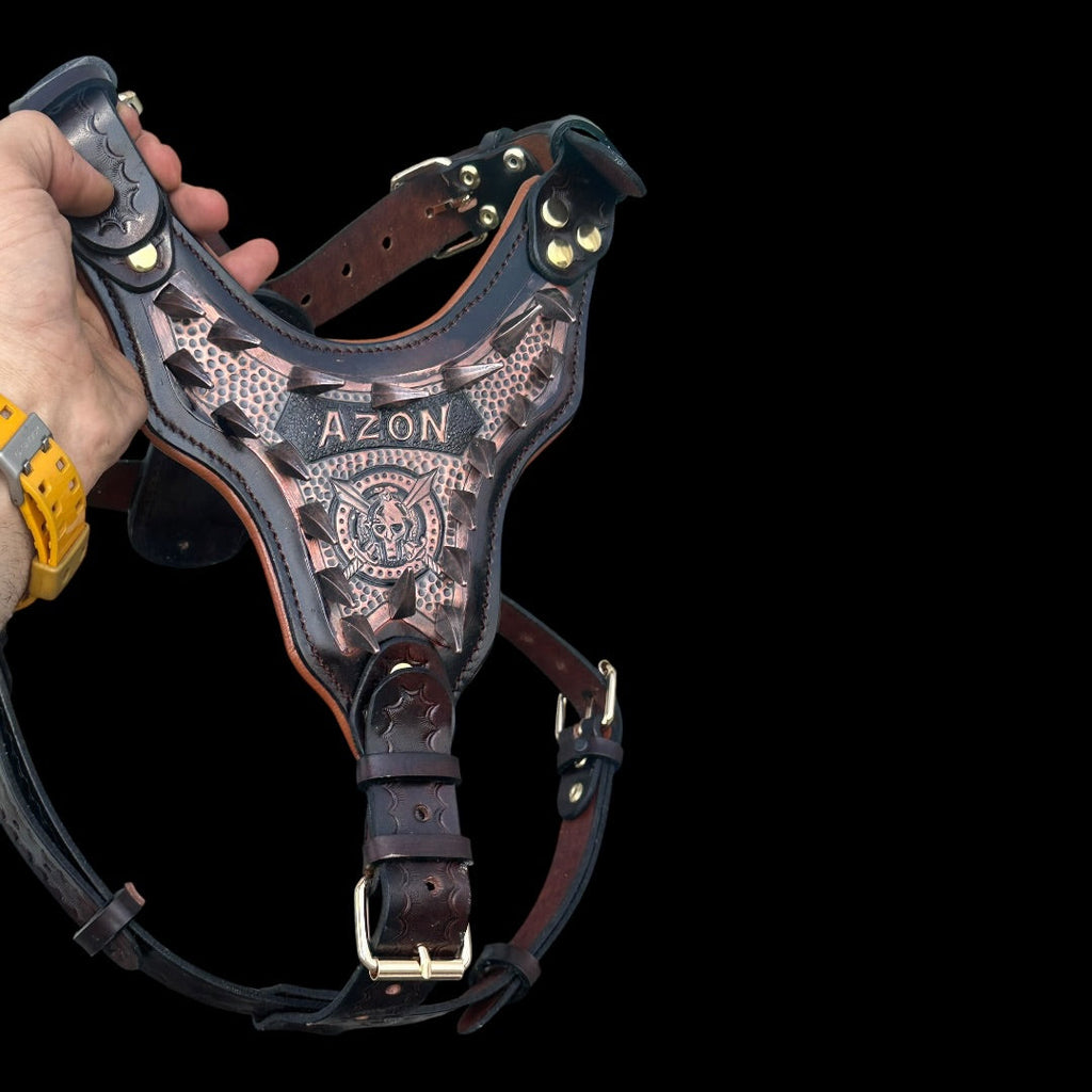 Handmade copper dog collar and harness set from A&C Dog Collars, featuring durable copper hardware and stylish design.