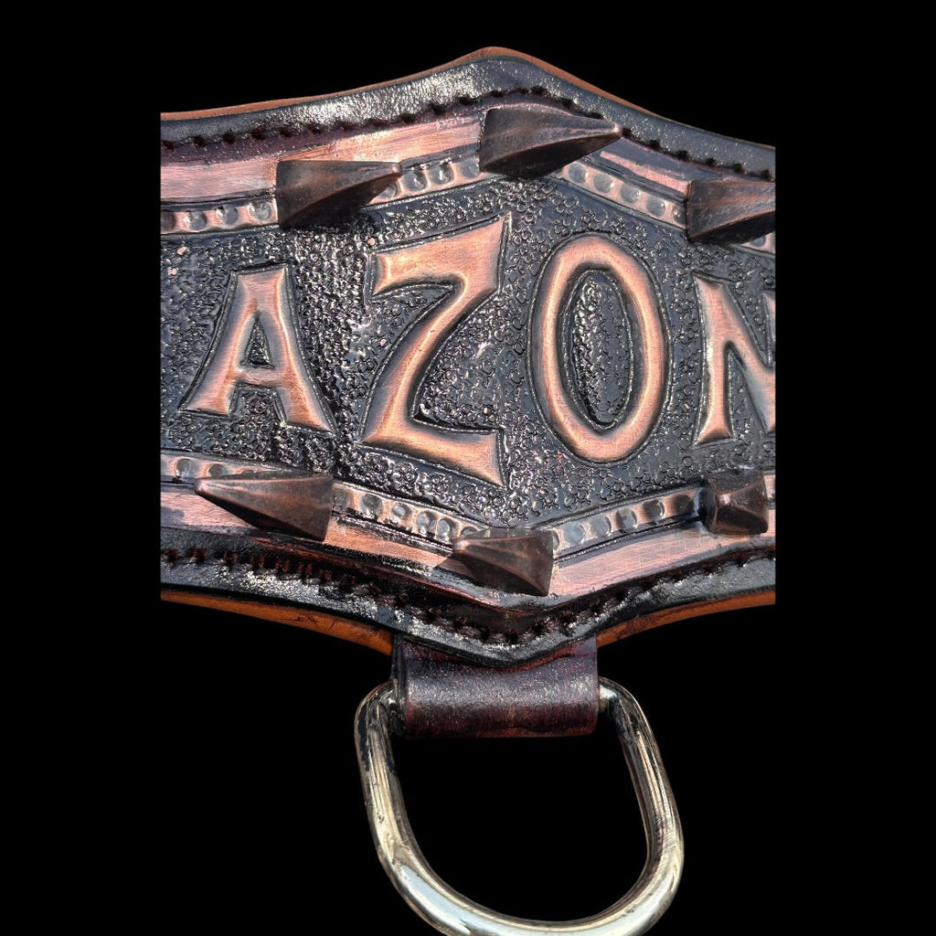 Handmade copper dog collar and harness set from A&C Dog Collars, featuring adjustable straps and polished copper accents.