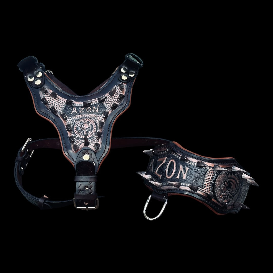 Handmade copper dog collar and harness set from A&C Dog Collars, featuring adjustable straps and stylish craftsmanship.