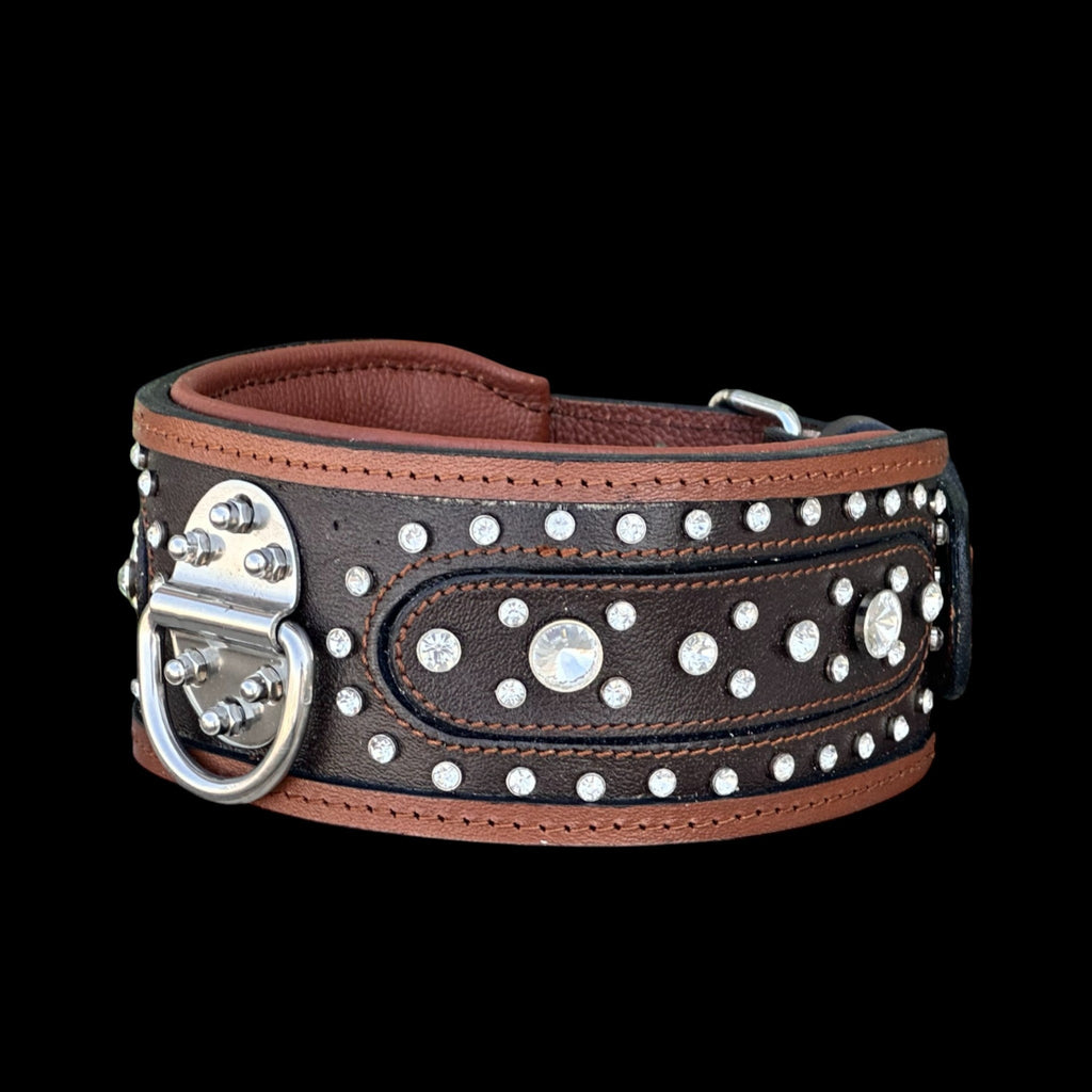 Handcrafted 8cm (3.15 inch) Wide Leather Dog Collar – Crystal Studded Design with Steel D-Ring for Cane Corso, Rottweiler, Doberman, Kangal, American Bully - A&C Dog Collars