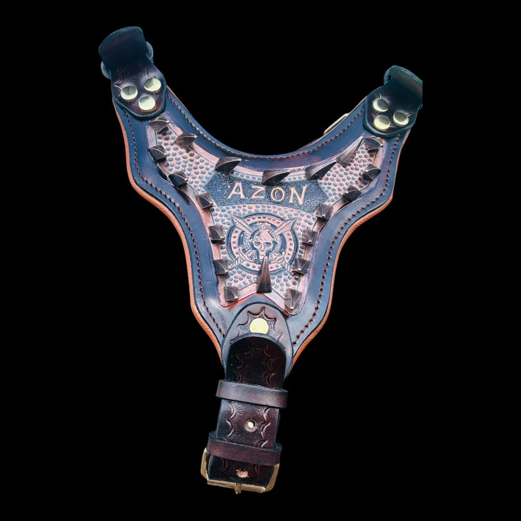 Handmade copper dog collar and harness set from A&C Dog Collars, featuring adjustable straps and decorative copper accents.