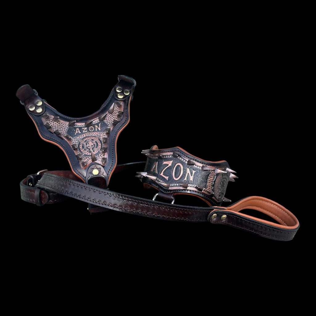 Handmade copper dog collar and harness set with adjustable straps and metal hardware, designed for stylish, comfortable pet wear.