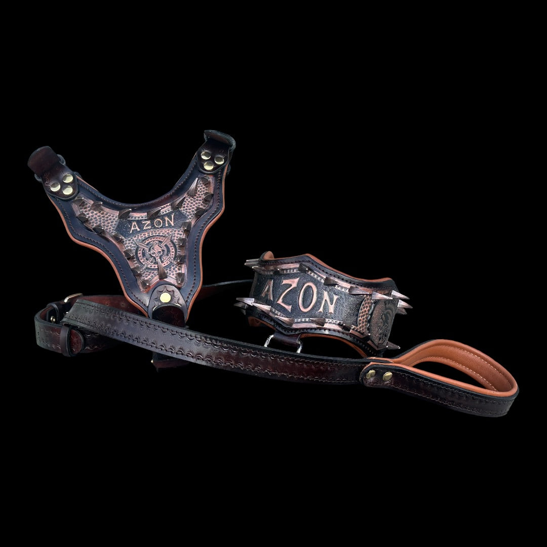 Handmade copper dog collar and harness set with adjustable straps and metal hardware, designed for stylish, comfortable pet wear.