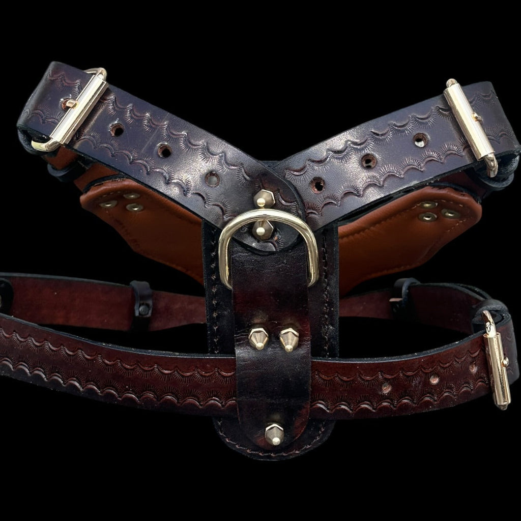 Handmade copper dog collar and harness set by A&C Dog Collars showing adjustable straps and polished copper hardware.