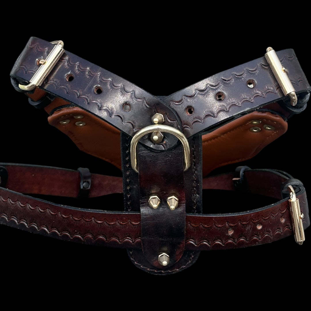Handmade copper dog collar and harness set by A&C Dog Collars showing adjustable straps and polished copper hardware.