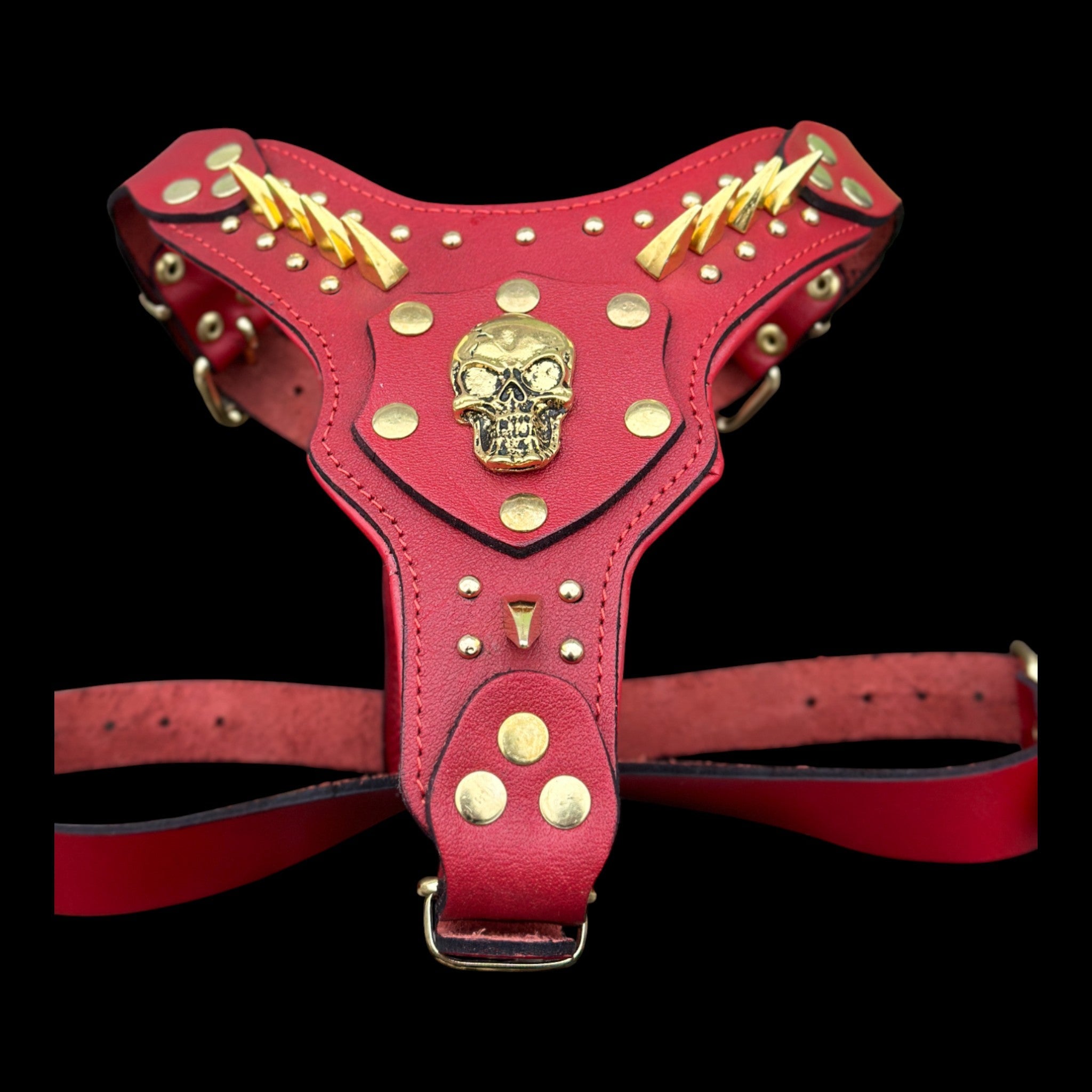InfernoSkull™ Royale – Red Buffalo Leather Dog Harness with Gold Skull Emblem - A&C Dog Collars