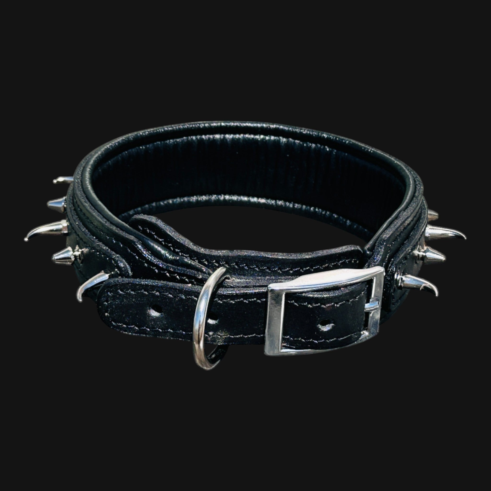 Handmade black leather dog collar with ivory-style spikes for large breeds - A&C Dog Collars