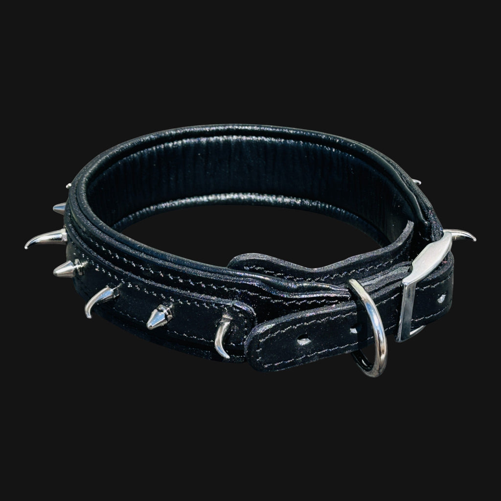 Handmade black leather dog collar with ivory-style spikes for large breeds - A&C Dog Collars