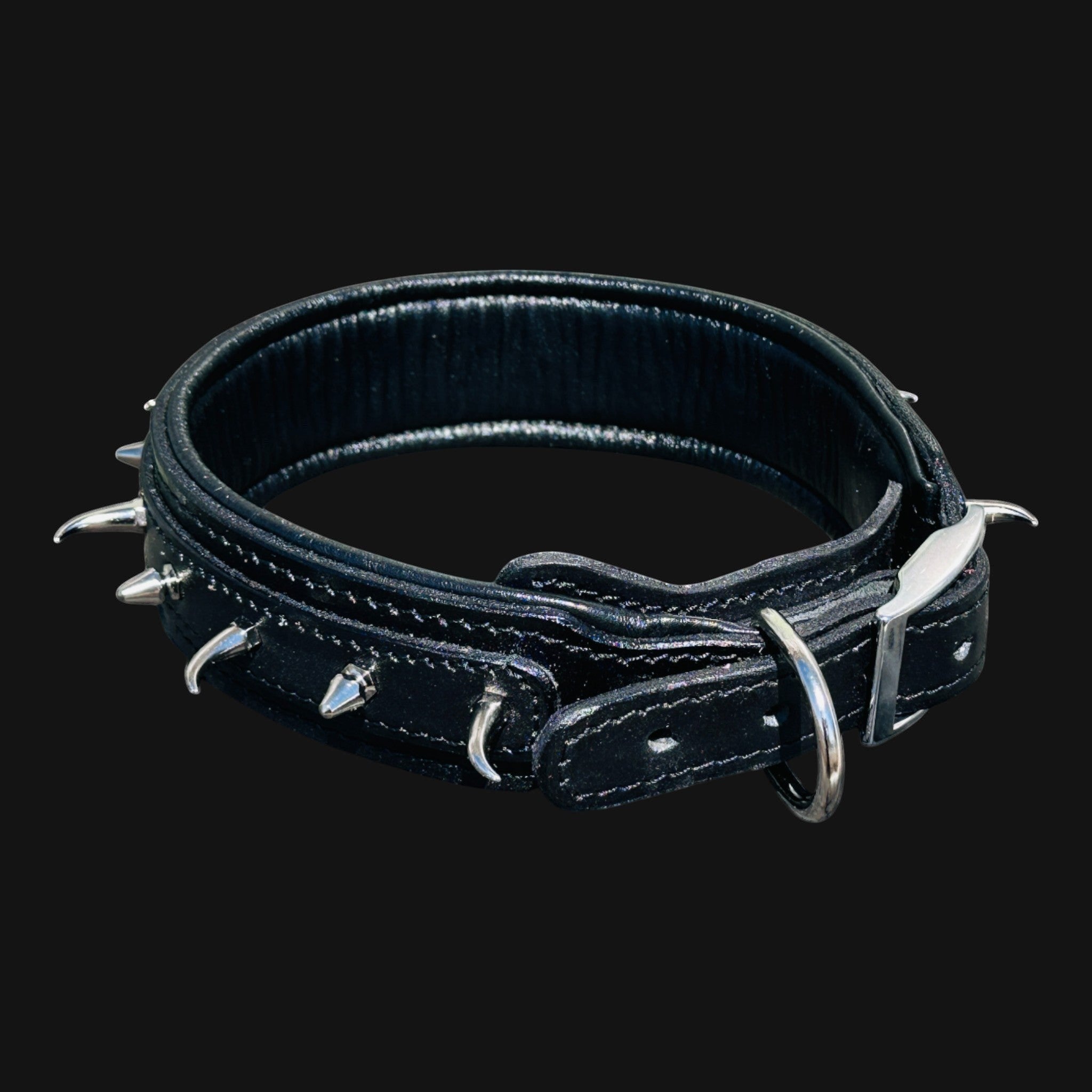 Handmade black leather dog collar with ivory-style spikes for large breeds - A&C Dog Collars