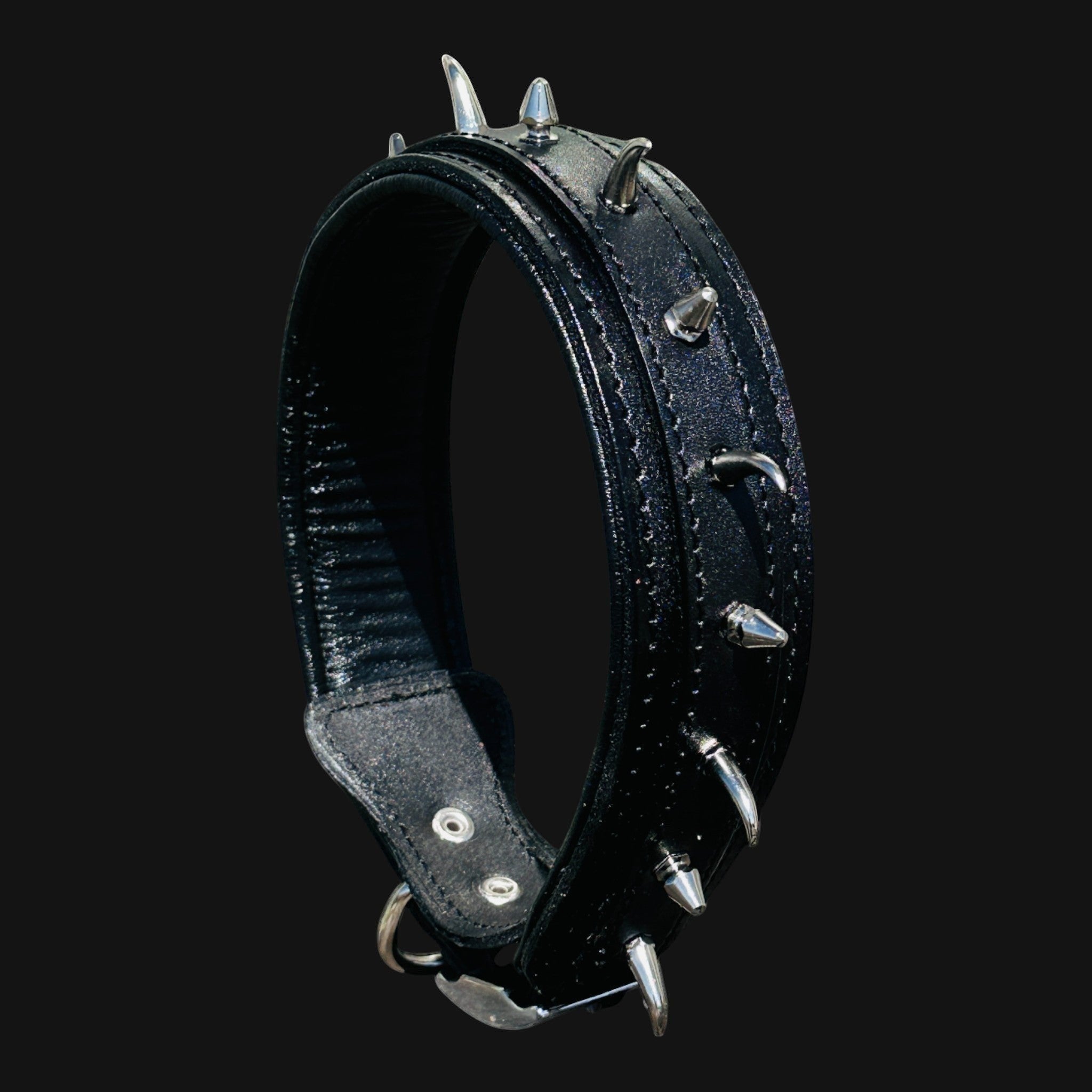 Handmade black leather dog collar with ivory-style spikes for large breeds - A&C Dog Collars