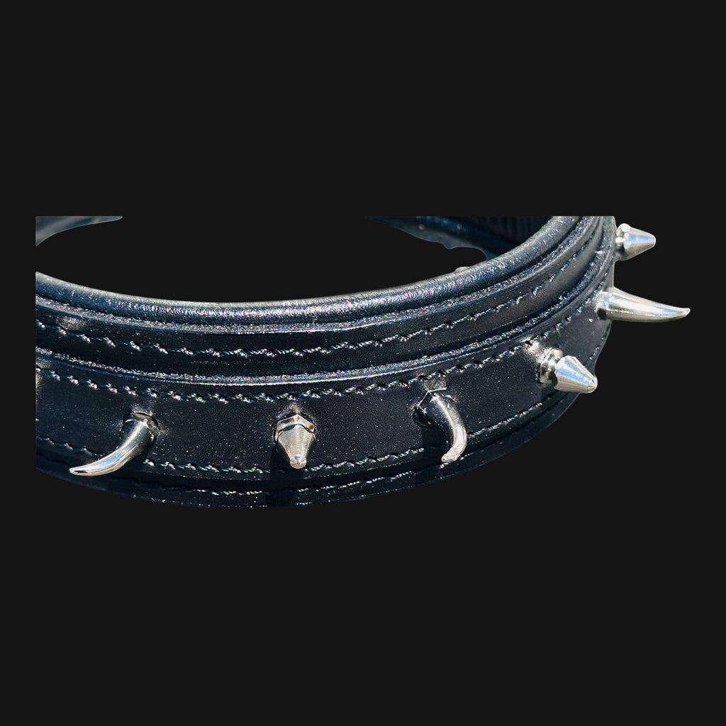Handmade black leather dog collar with ivory-style spikes for large breeds - A&C Dog Collars