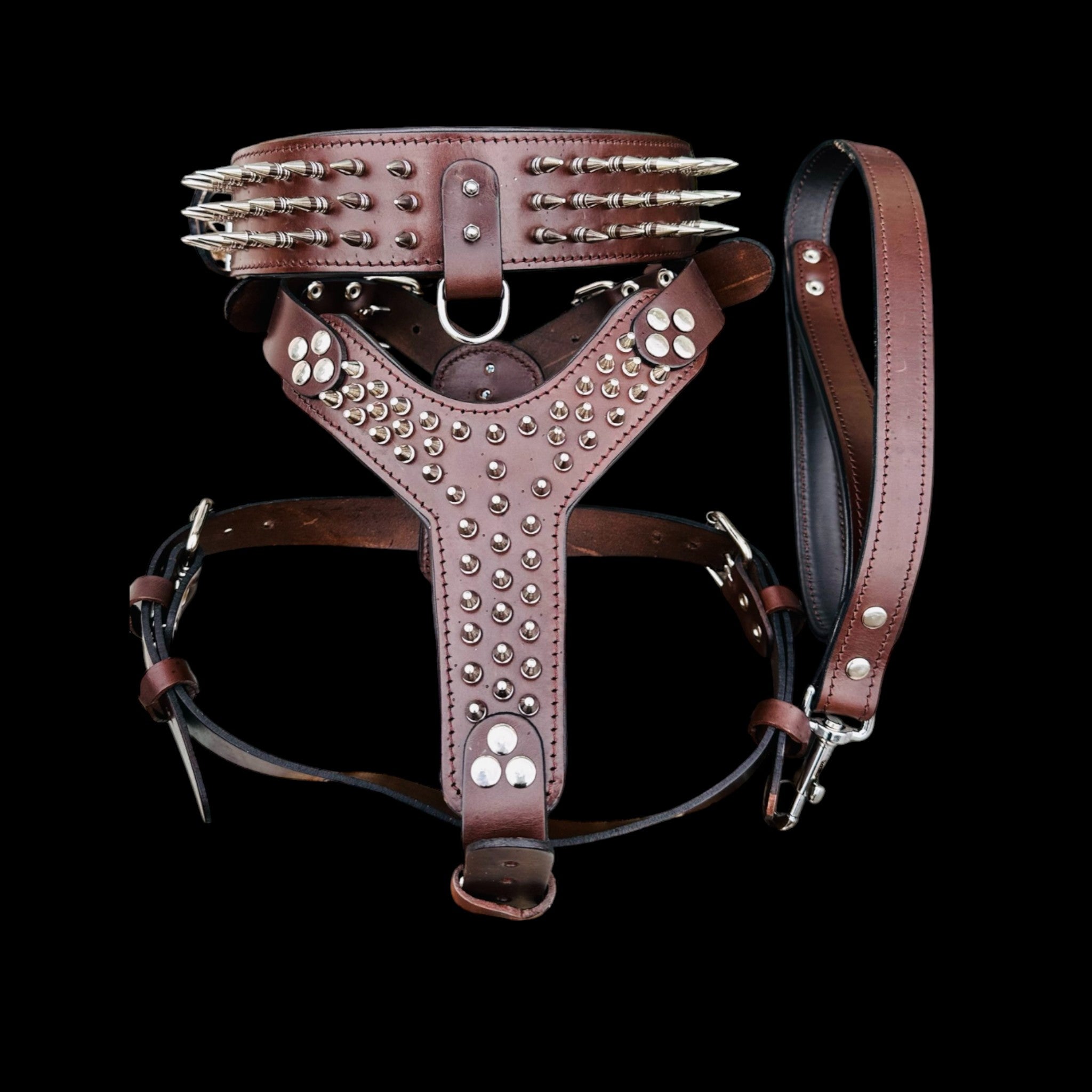 Handmade Spiked Dog Collar, Harness & Leash Set – Buffalo Leather for Large Breeds - A&C Dog Collars