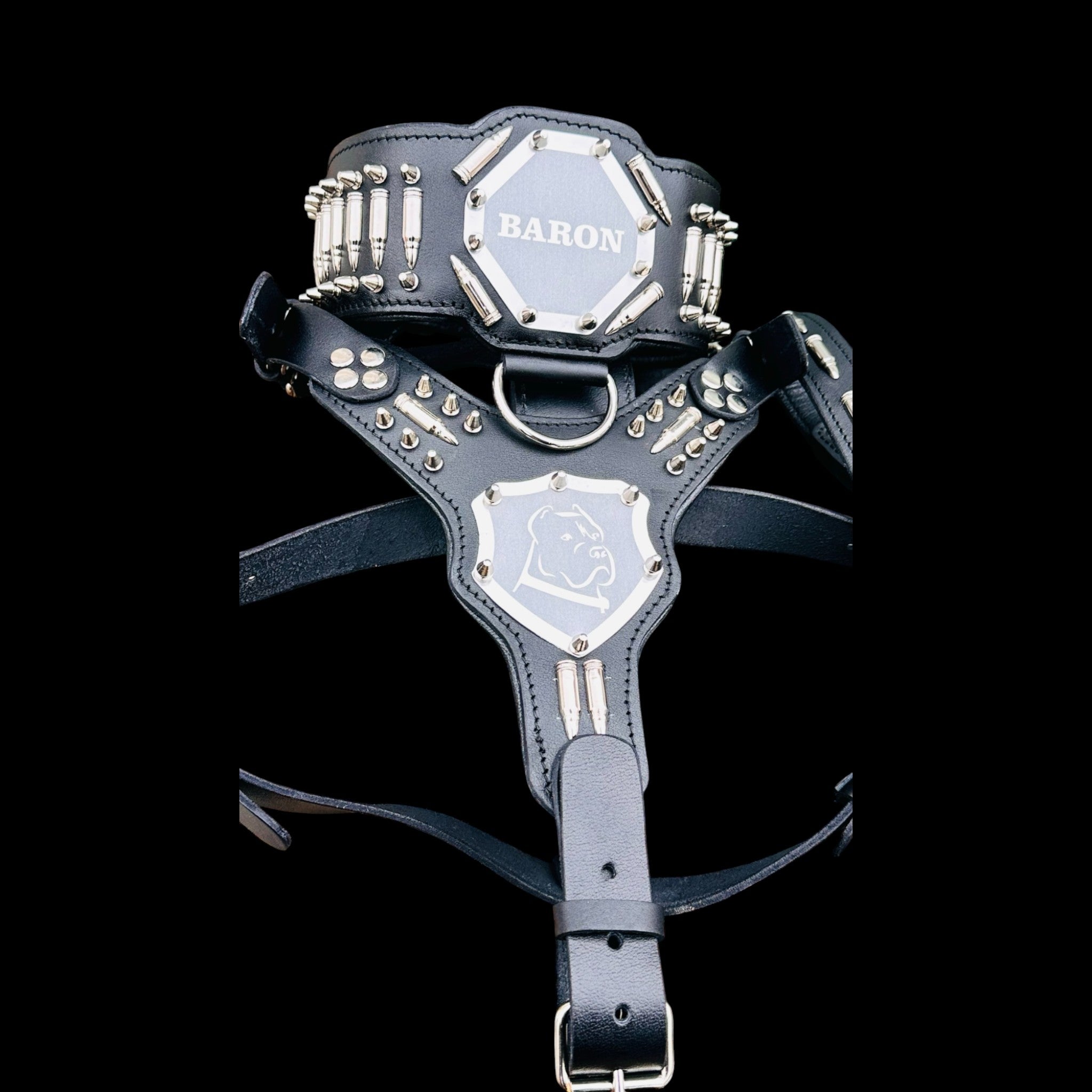 Custom Name Dog Harness Set – Handmade Black Leather Spiked Collar, Harness & Leash - A&C Dog Collars