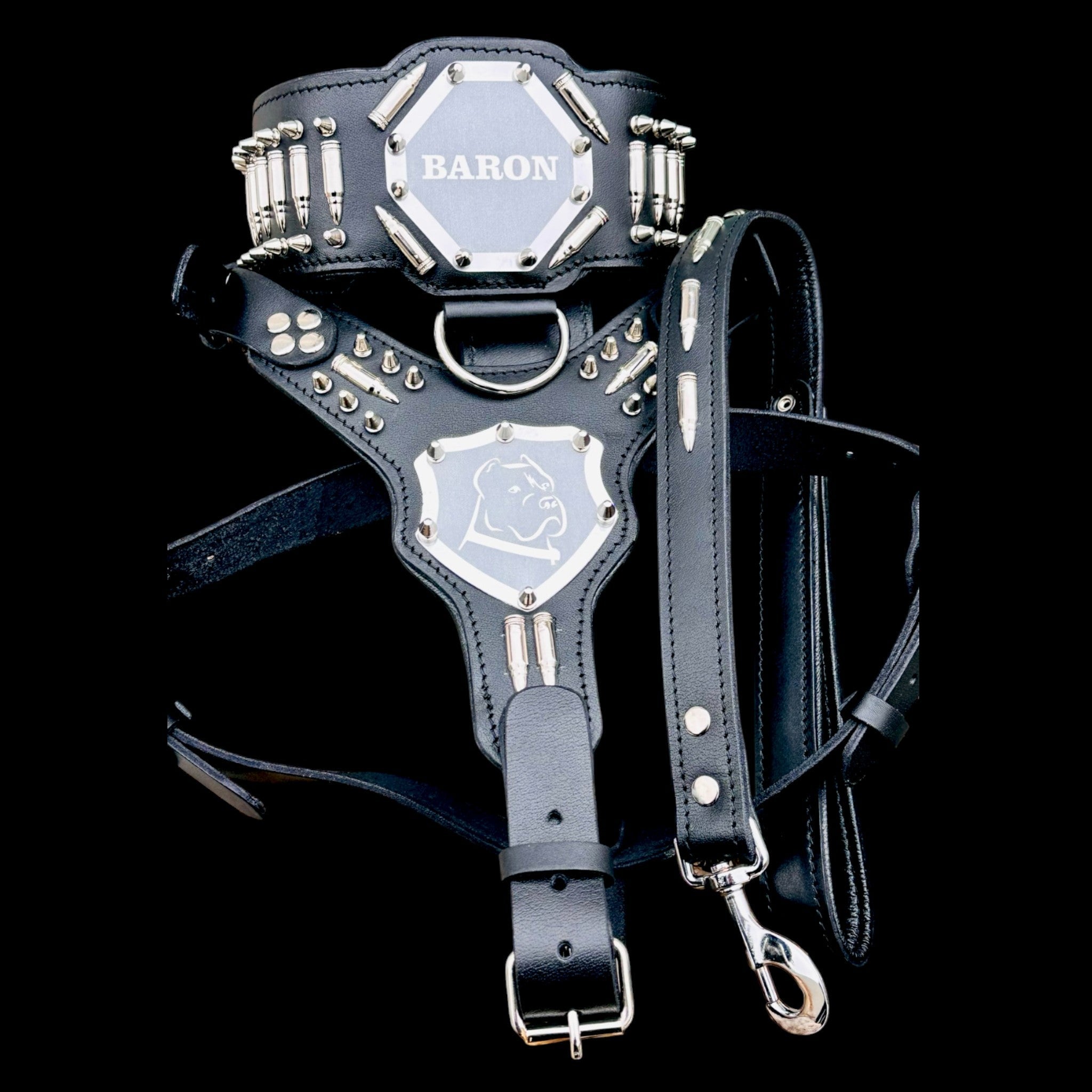 Custom Name Dog Harness Set – Handmade Black Leather Spiked Collar, Harness & Leash - A&C Dog Collars