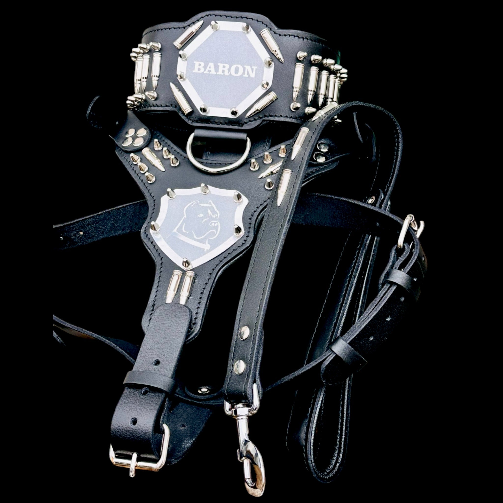 Custom Name Dog Harness Set – Handmade Black Leather Spiked Collar, Harness & Leash - A&C Dog Collars