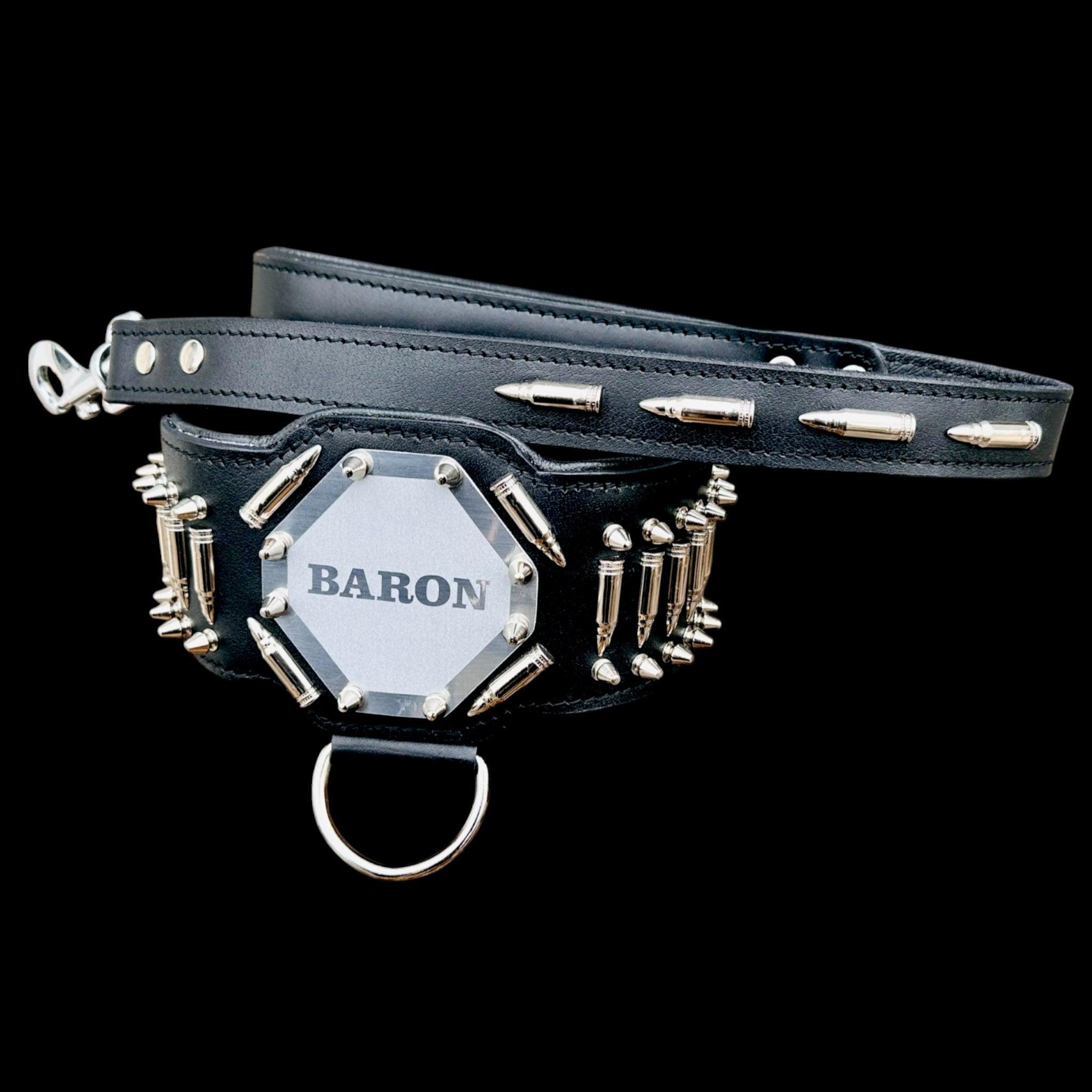 Custom Name Dog Harness Set – Handmade Black Leather Spiked Collar, Harness & Leash - A&C Dog Collars