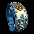 Handmade turquoise leather dog collar with gold lion emblem.