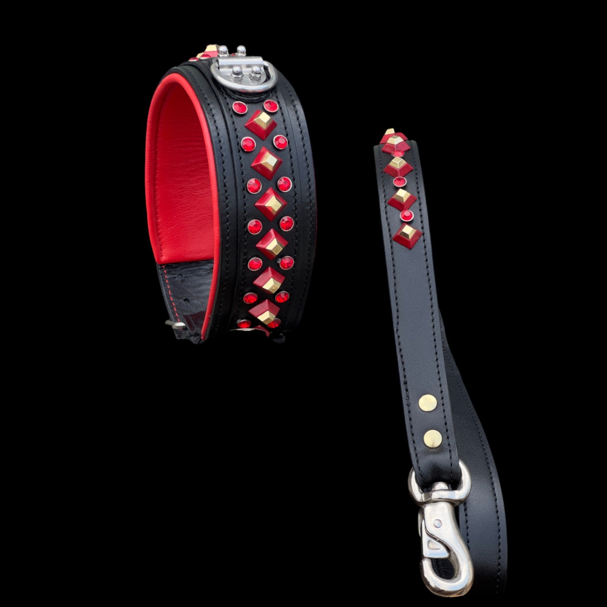 Handmade Black Leather Dog Collar & Leash Set with Red Crystal Stones – Luxury Wide Design - A&C Dog Collars