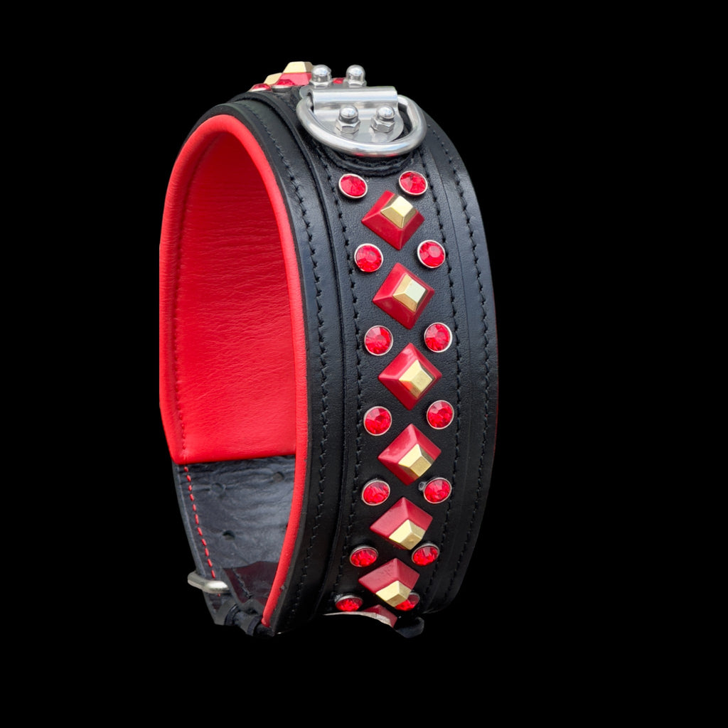 Handmade Black Leather Dog Collar & Leash Set with Red Crystal Stones – Luxury Wide Design - A&C Dog Collars