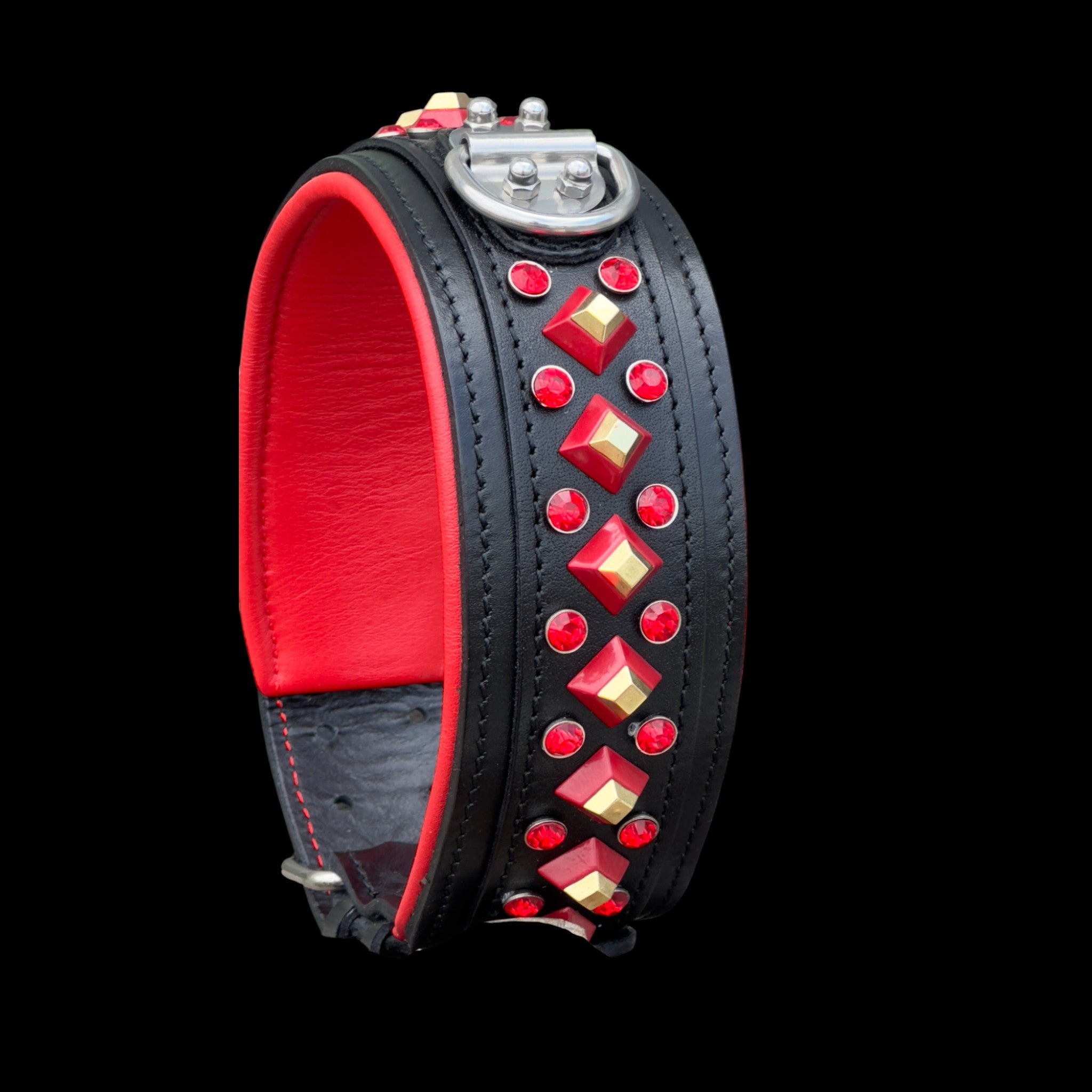 Handmade Black Leather Dog Collar & Leash Set with Red Crystal Stones – Luxury Wide Design - A&C Dog Collars