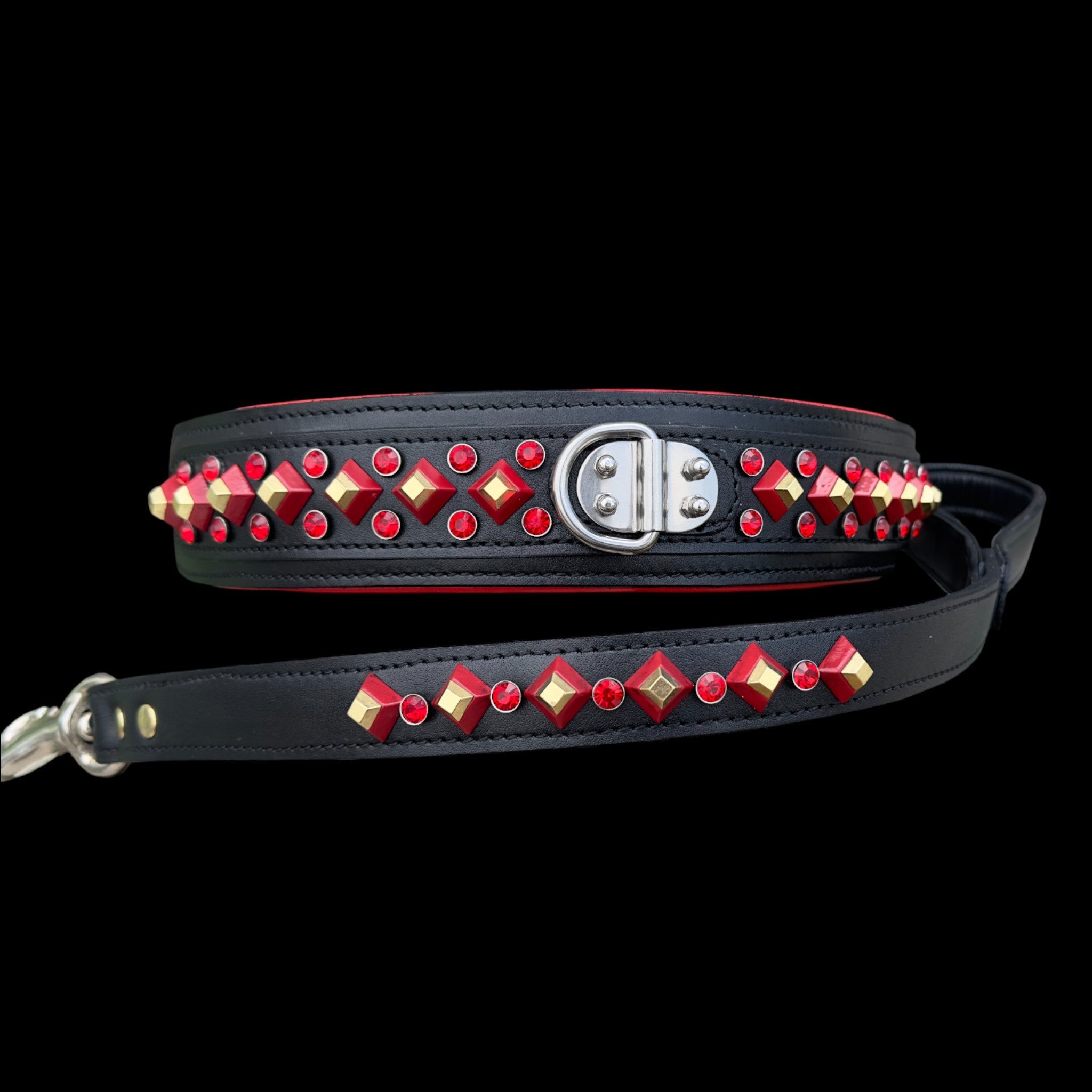 Handmade Black Leather Dog Collar & Leash Set with Red Crystal Stones – Luxury Wide Design - A&C Dog Collars