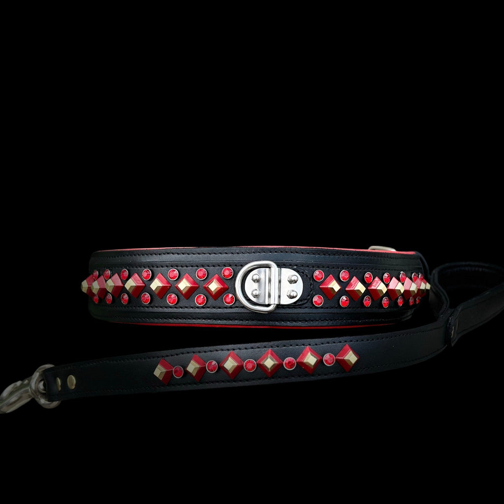 Handmade Black Leather Dog Collar & Leash Set with Red Crystal Stones – Luxury Wide Design - A&C Dog Collars