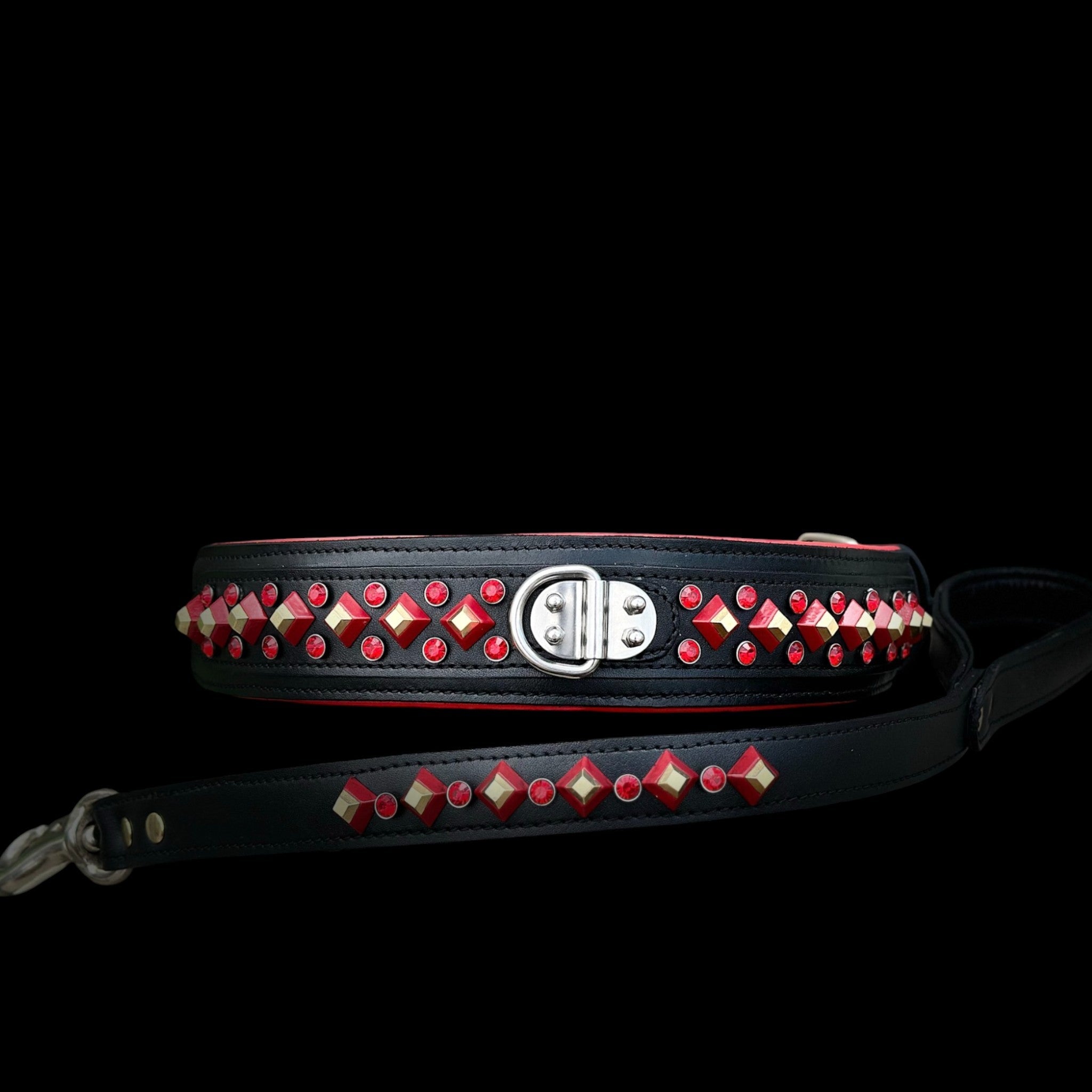Handmade Black Leather Dog Collar & Leash Set with Red Crystal Stones – Luxury Wide Design - A&C Dog Collars