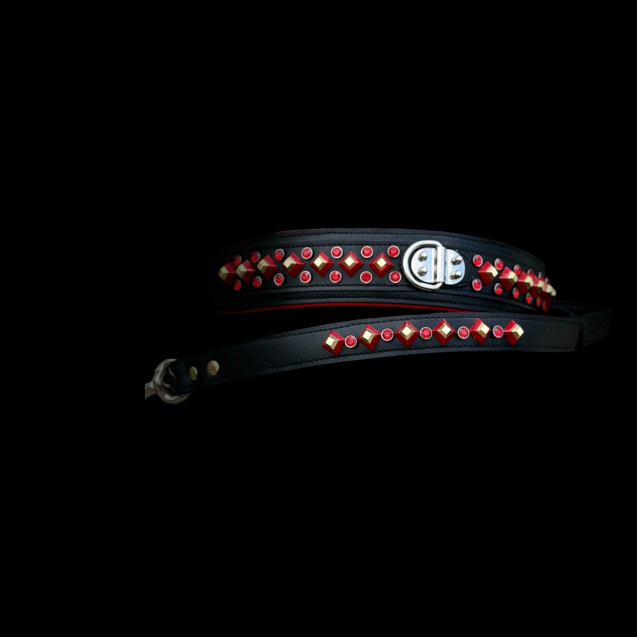 Handmade Black Leather Dog Collar & Leash Set with Red Crystal Stones – Luxury Wide Design - A&C Dog Collars
