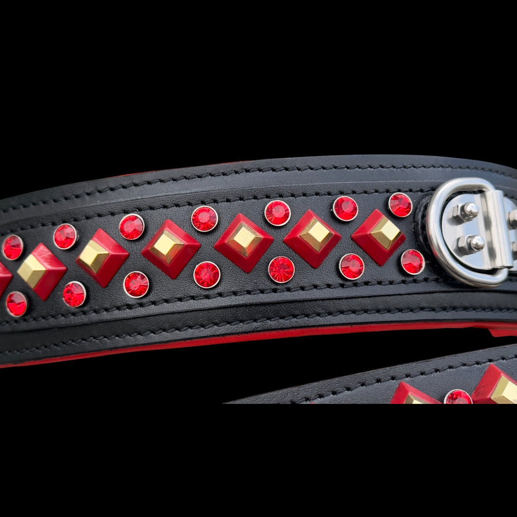 Handmade Black Leather Dog Collar & Leash Set with Red Crystal Stones – Luxury Wide Design - A&C Dog Collars
