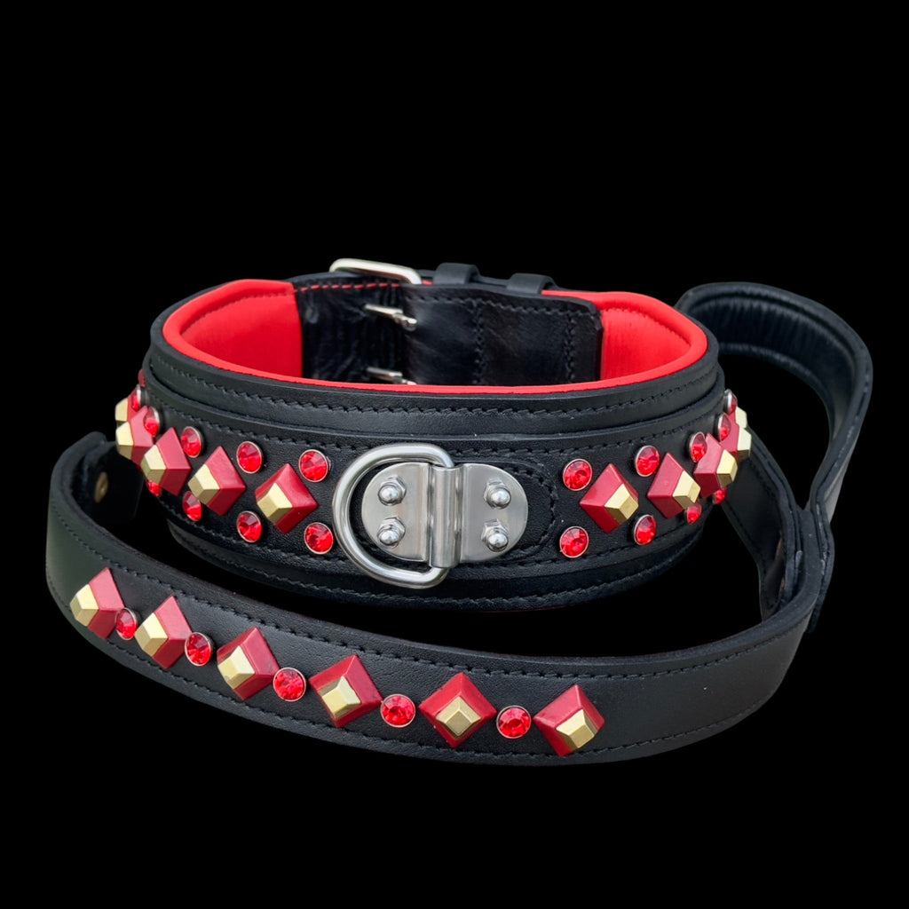 Handmade Black Leather Dog Collar & Leash Set with Red Crystal Stones – Luxury Wide Design - A&C Dog Collars