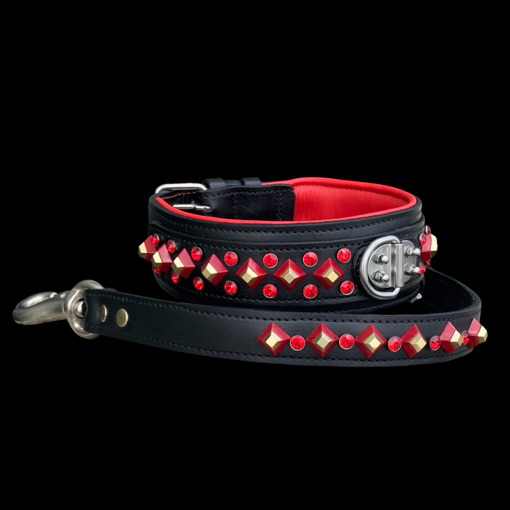 Handmade Black Leather Dog Collar & Leash Set with Red Crystal Stones – Luxury Wide Design - A&C Dog Collars