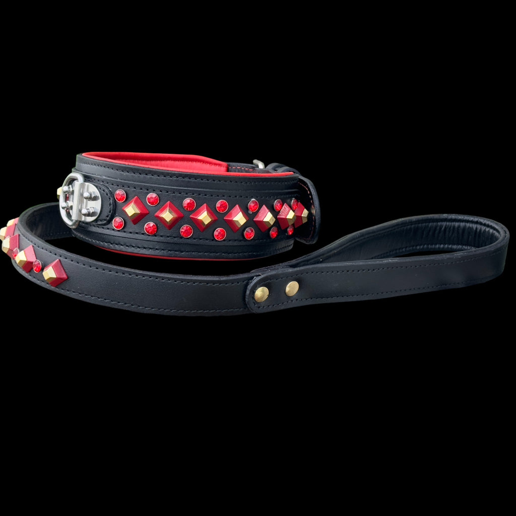 Handmade Black Leather Dog Collar & Leash Set with Red Crystal Stones – Luxury Wide Design - A&C Dog Collars