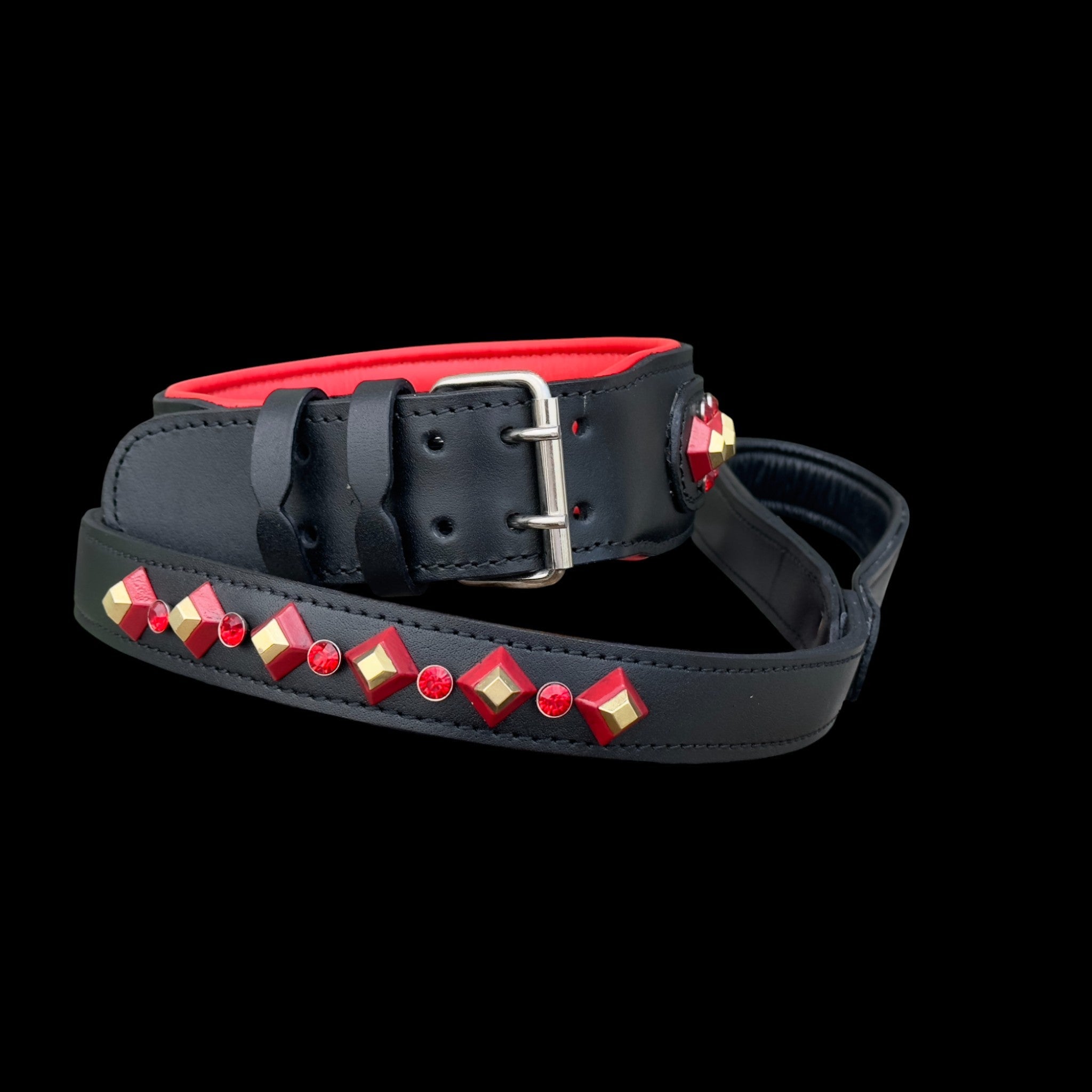 Handmade Black Leather Dog Collar & Leash Set with Red Crystal Stones – Luxury Wide Design - A&C Dog Collars