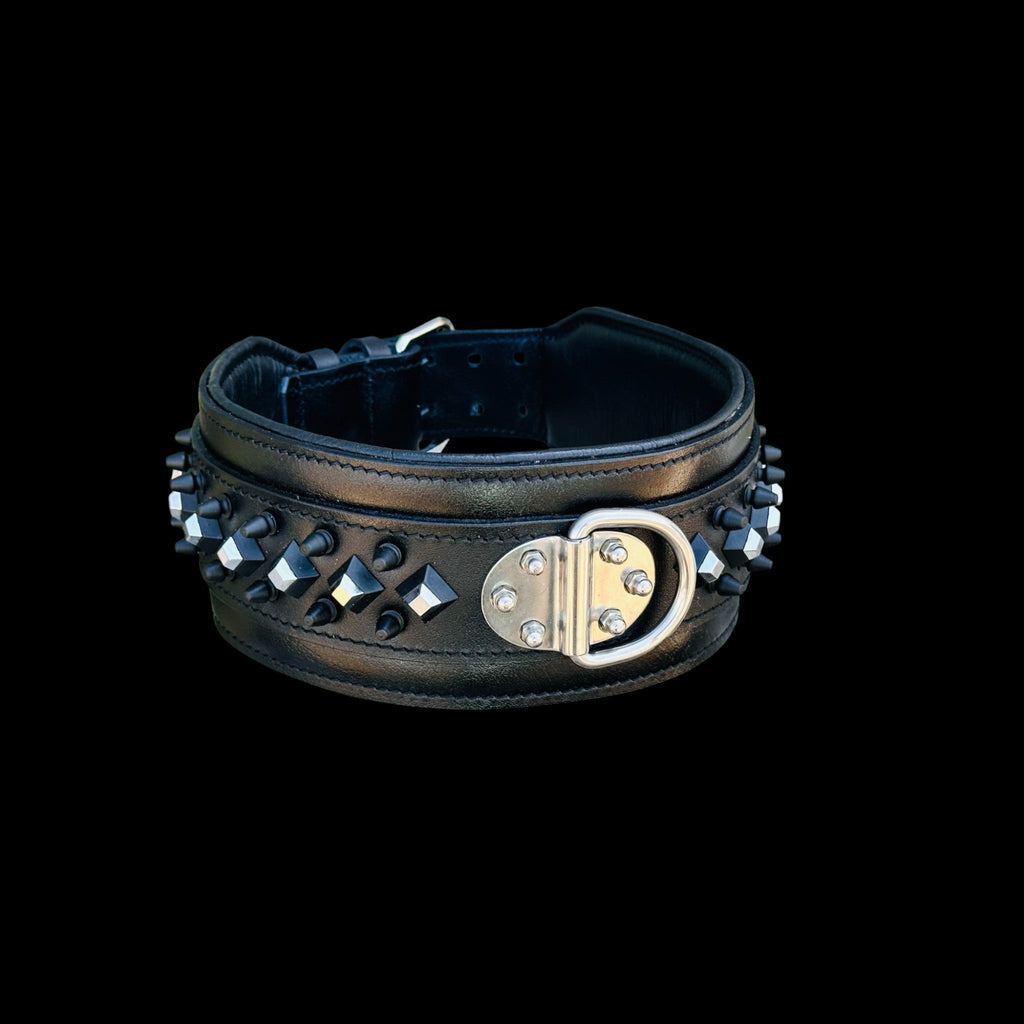 A&C Premium Black Leather Wide Collar — Stud & Crystal Detail | Fits American Bully, Cane Corso, Rottweiler, Kangal, Doberman, Belgian Malinois, K9, German Shepherd - A&C Dog Collars