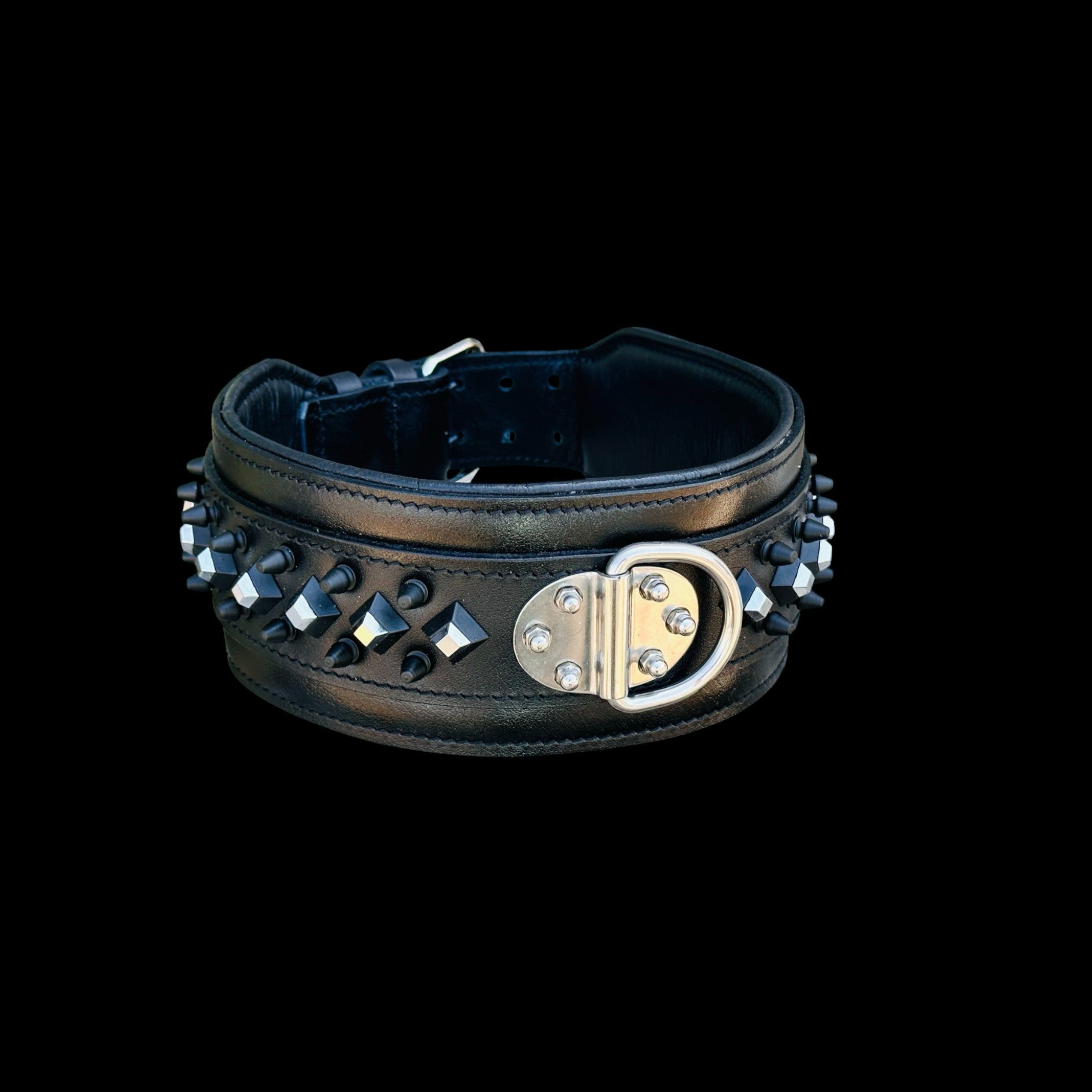 A&C Premium Black Leather Wide Collar — Stud & Crystal Detail | Fits American Bully, Cane Corso, Rottweiler, Kangal, Doberman, Belgian Malinois, K9, German Shepherd - A&C Dog Collars