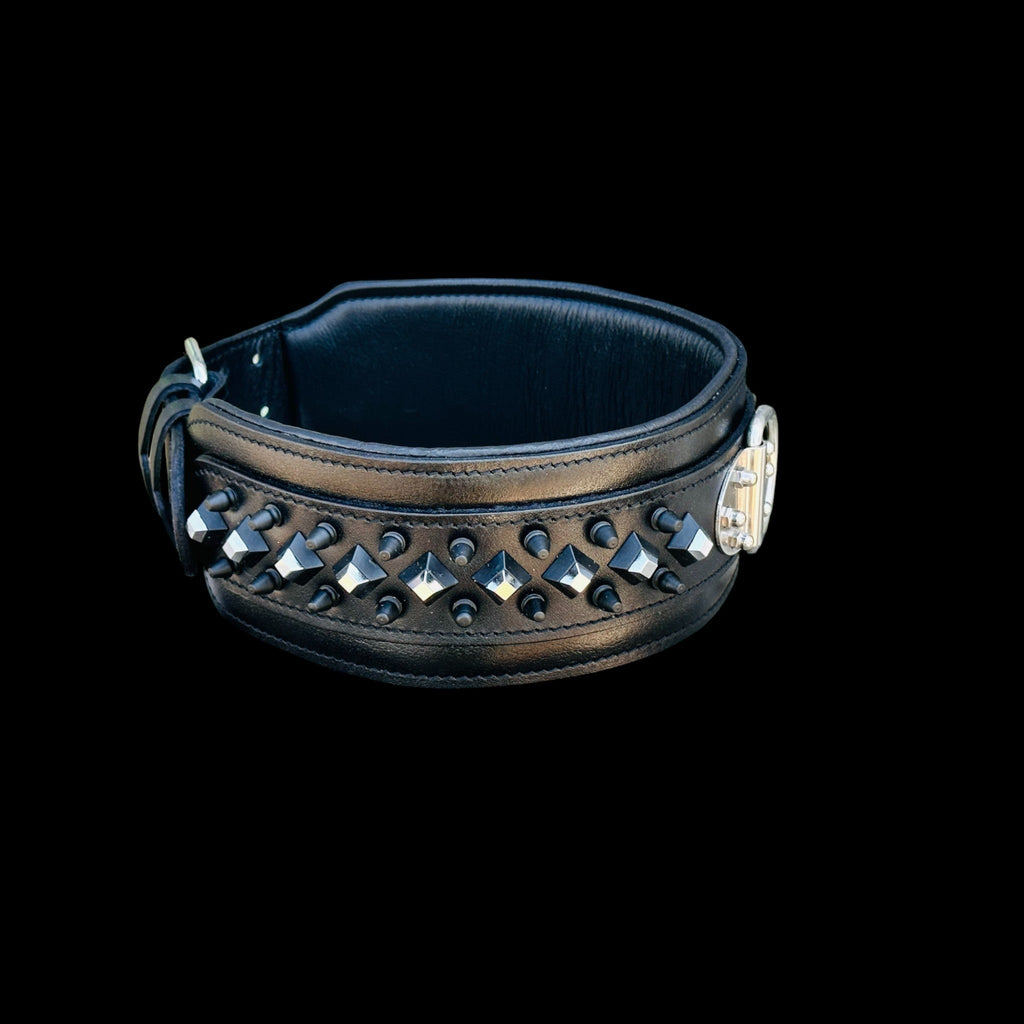 A&C Premium Black Leather Wide Collar — Stud & Crystal Detail | Fits American Bully, Cane Corso, Rottweiler, Kangal, Doberman, Belgian Malinois, K9, German Shepherd - A&C Dog Collars
