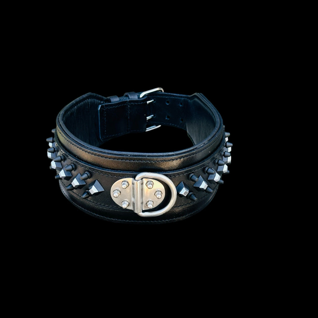 A&C Premium Black Leather Wide Collar — Stud & Crystal Detail | Fits American Bully, Cane Corso, Rottweiler, Kangal, Doberman, Belgian Malinois, K9, German Shepherd - A&C Dog Collars