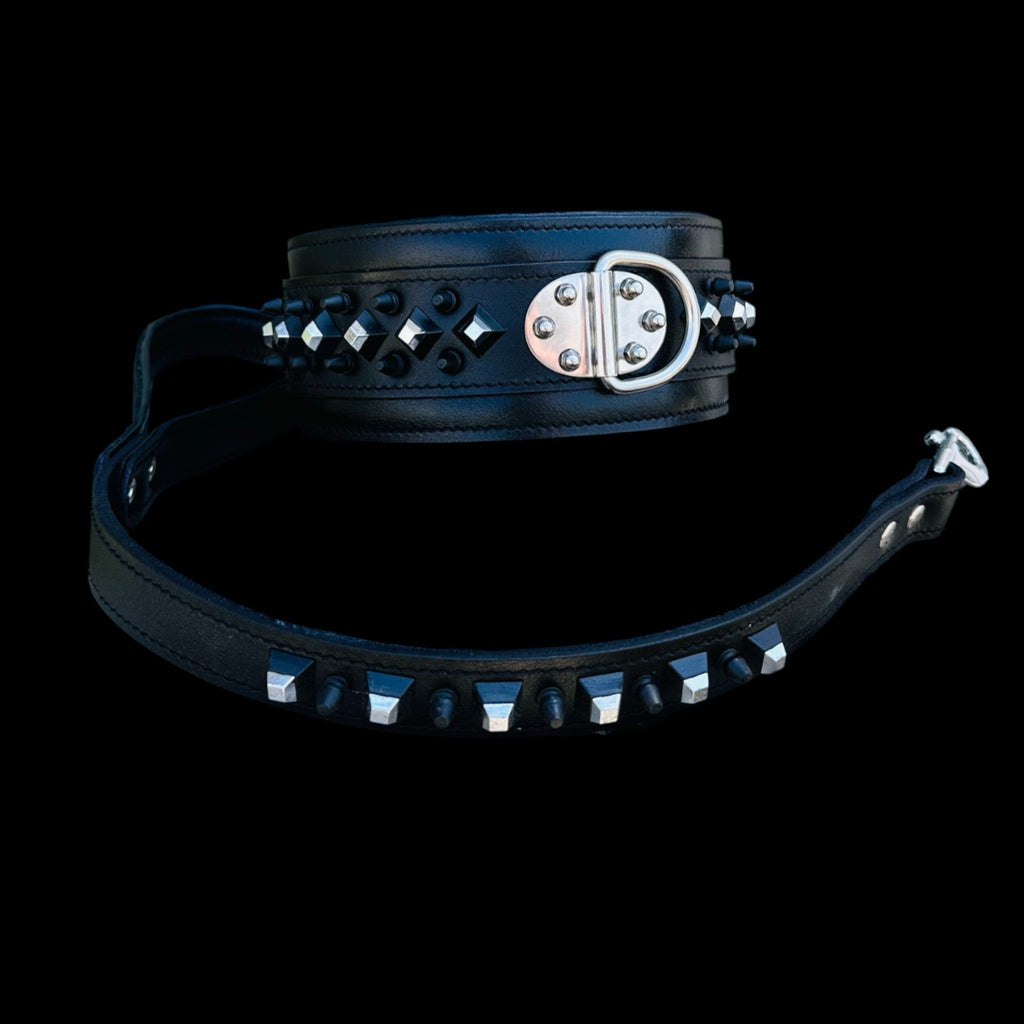 A&C Premium Black Leather Wide Collar — Stud & Crystal Detail | Fits American Bully, Cane Corso, Rottweiler, Kangal, Doberman, Belgian Malinois, K9, German Shepherd - A&C Dog Collars