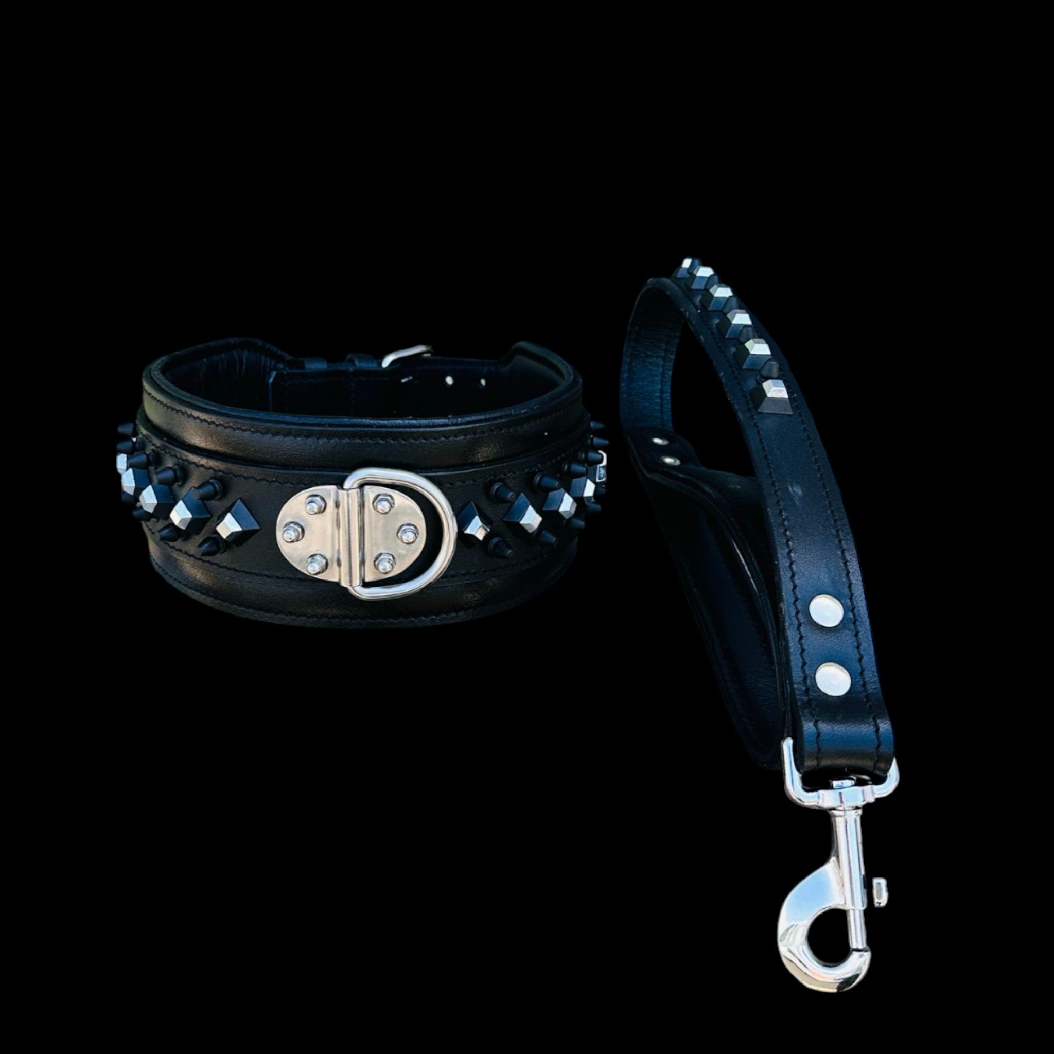 A&C Premium Black Leather Wide Collar — Stud & Crystal Detail | Fits American Bully, Cane Corso, Rottweiler, Kangal, Doberman, Belgian Malinois, K9, German Shepherd - A&C Dog Collars