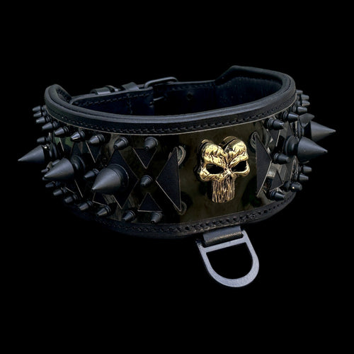 Black leather dog collar with Punisher logo and spikes, heavy-duty design for large breeds, by Mağazam.