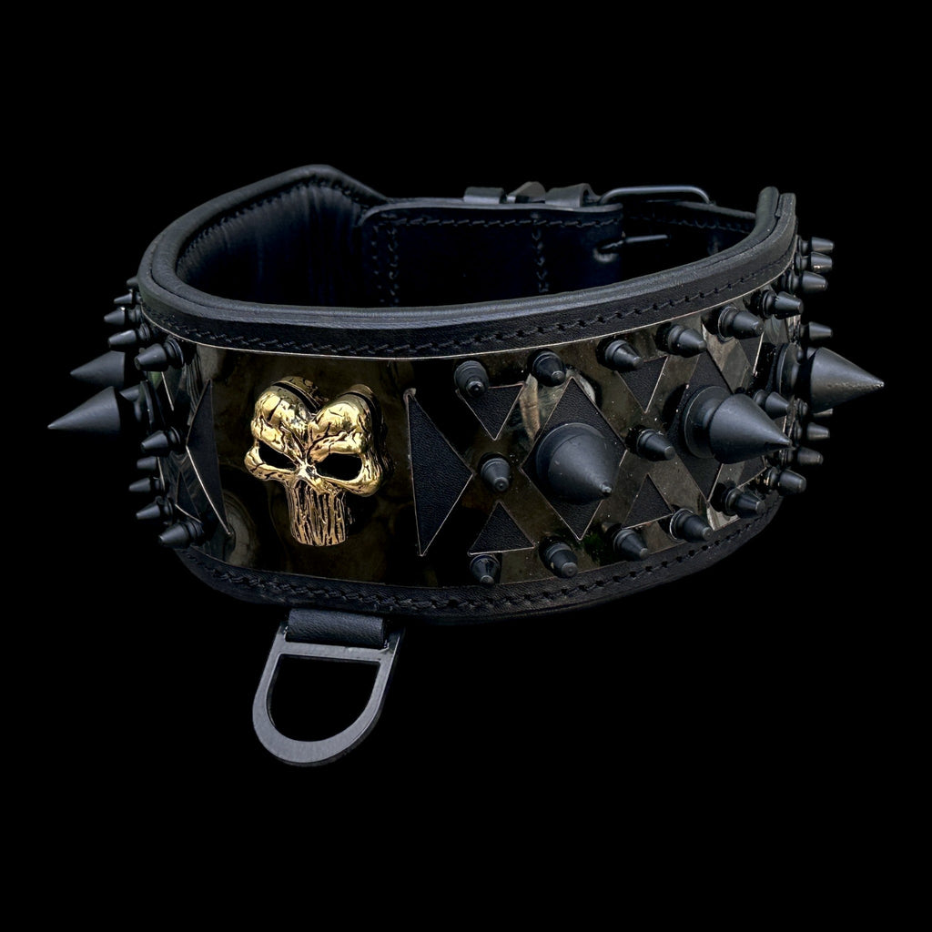 Black leather dog collar with Punisher logo and spikes, heavy-duty design for large breeds by Mağazam.