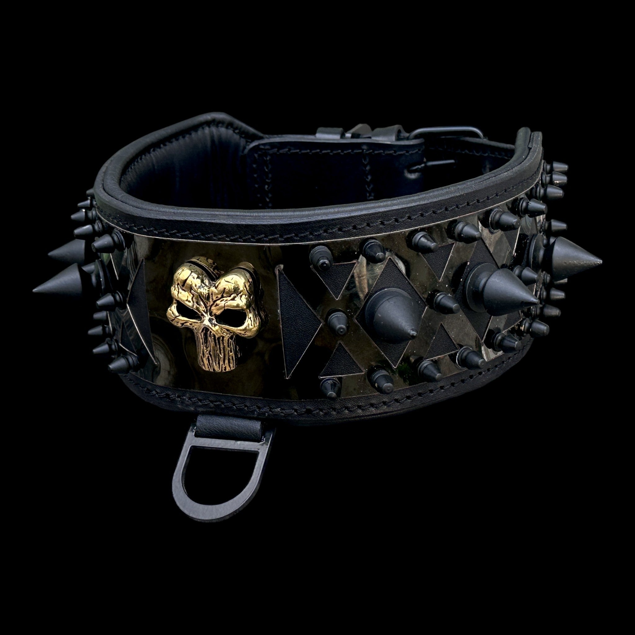 Black leather dog collar with Punisher logo and spikes, heavy-duty design for large breeds by Mağazam.