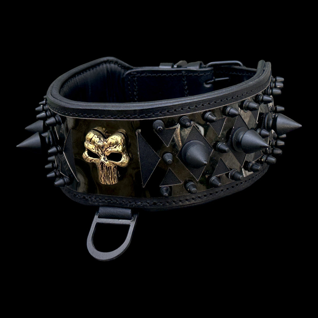 Black leather dog collar with Punisher logo and spikes, heavy-duty design for large breeds, by Mağazam.