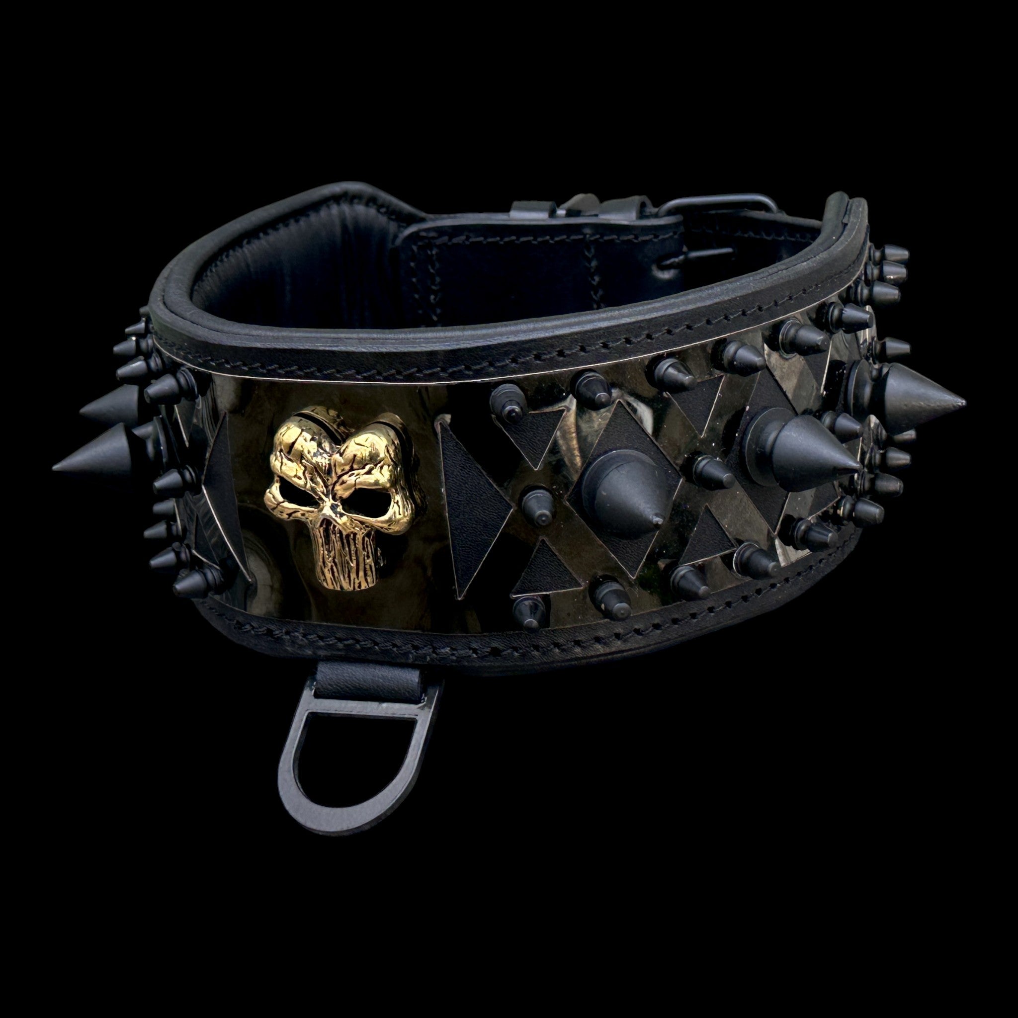 Black leather dog collar with Punisher logo and spikes, heavy-duty design for large breeds, by Mağazam.