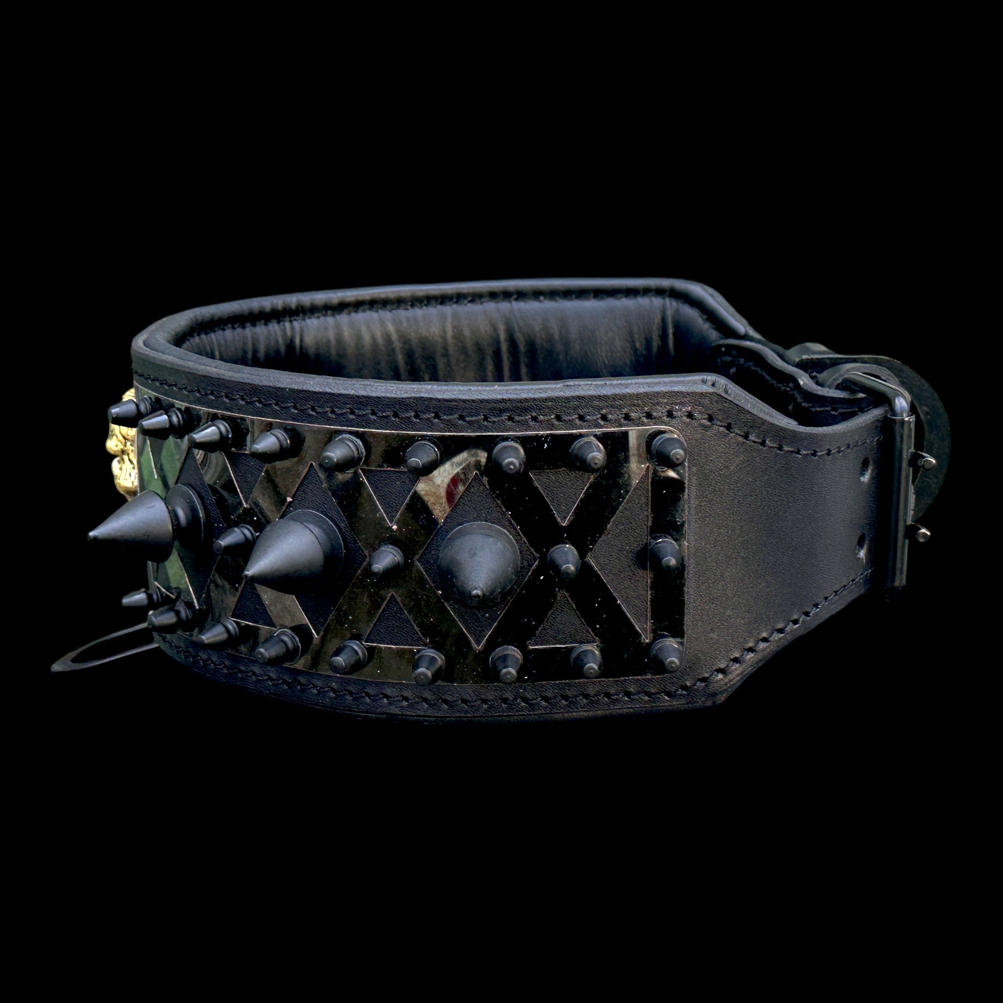 Heavy-duty black leather dog collar with Punisher logo and spikes, designed for large breeds, by Mağazam.